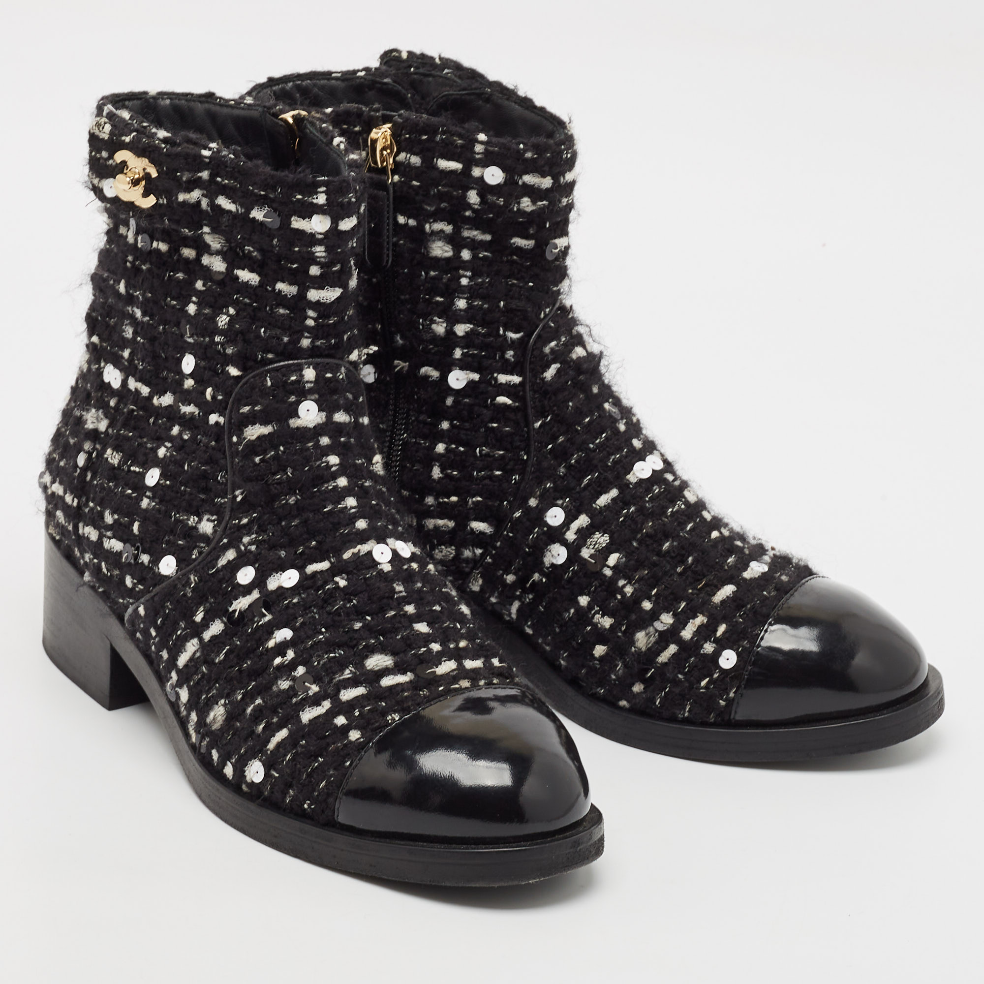 Chanel Multicolor Tweed Fabric And Leather Ankle Combat Boots Size 39 