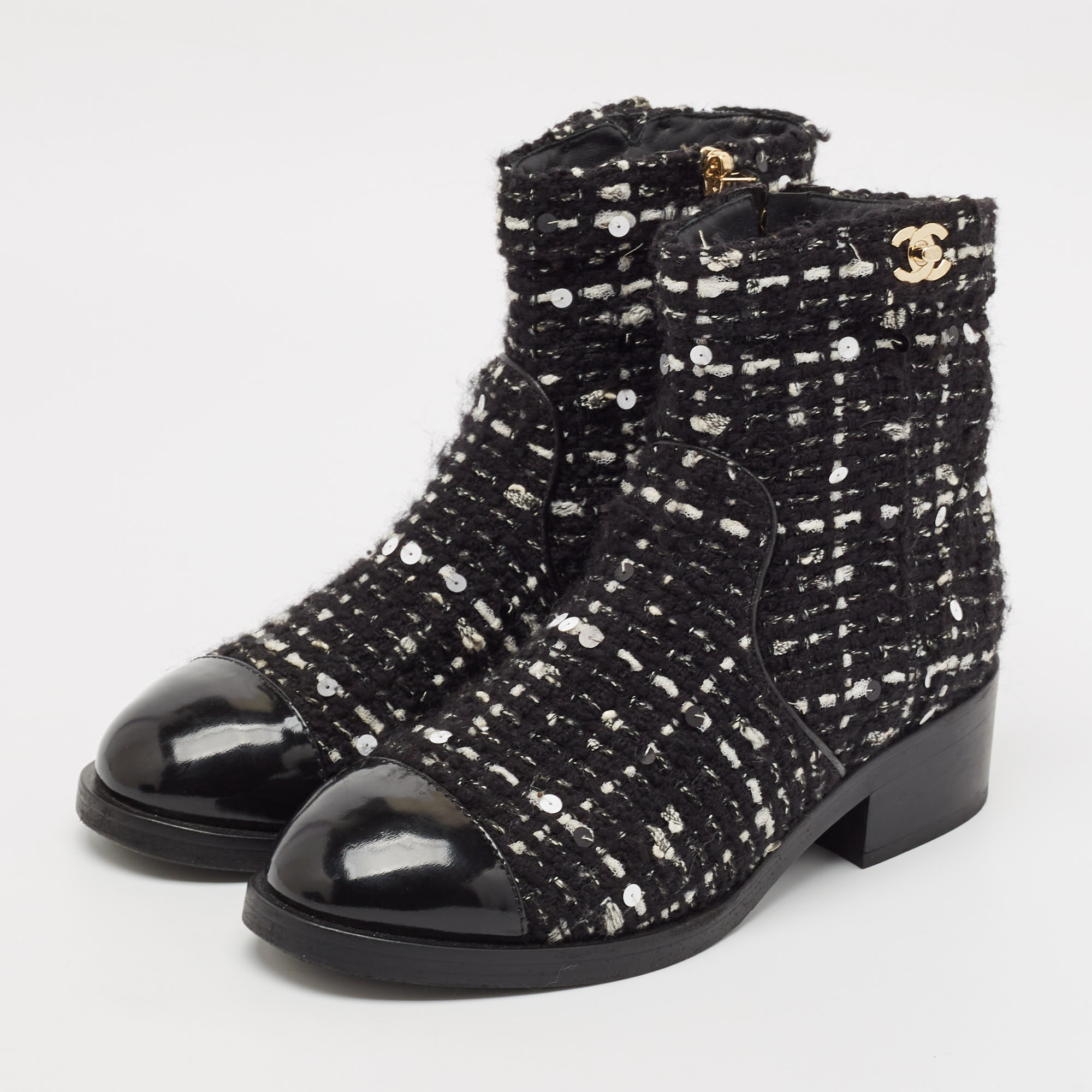 Chanel Multicolor Tweed Fabric And Leather Ankle Combat Boots Size 39 