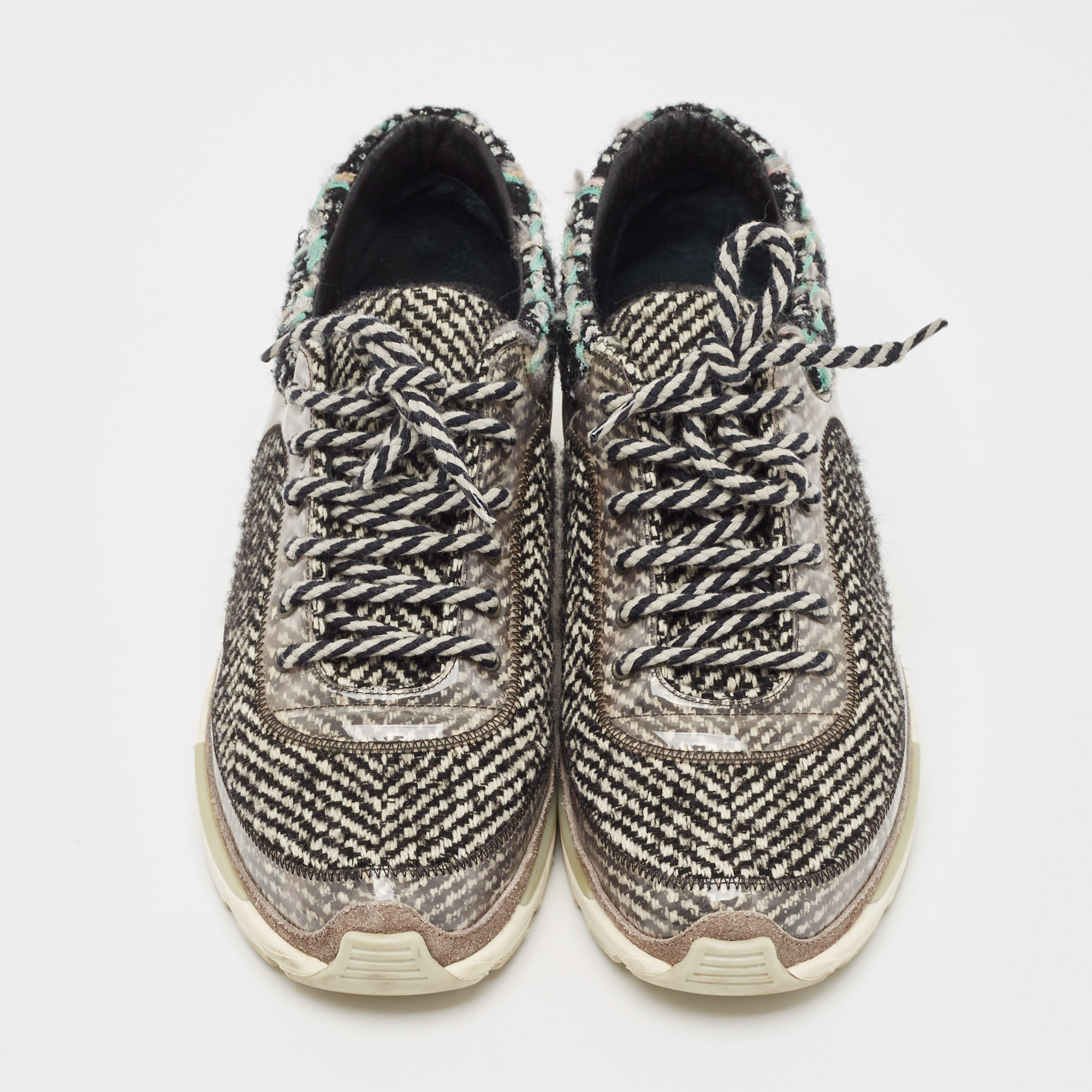 Chanel Multicolor Tweed Fabric And Leather CC Lace Up Sneakers Size 38.5 