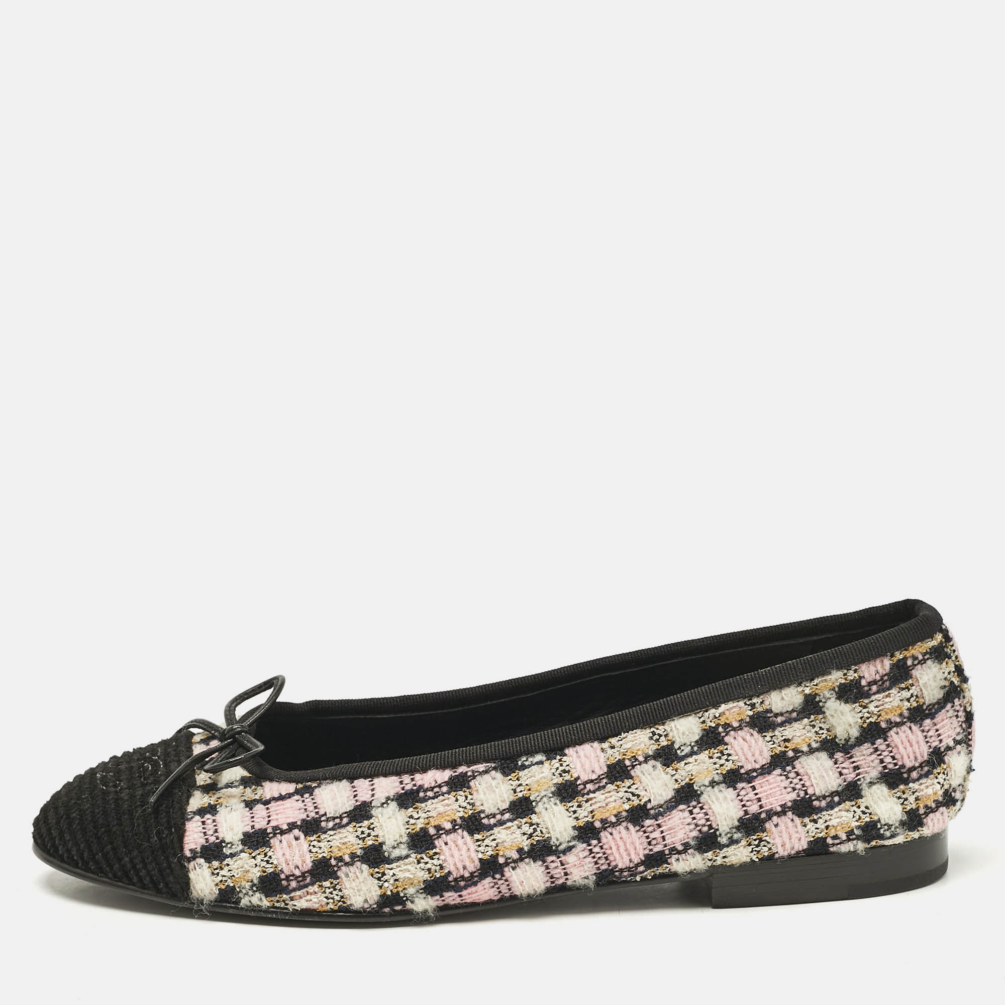 

Chanel Multicolor Tweed Bow CC Cap-Toe Ballet Flats Size