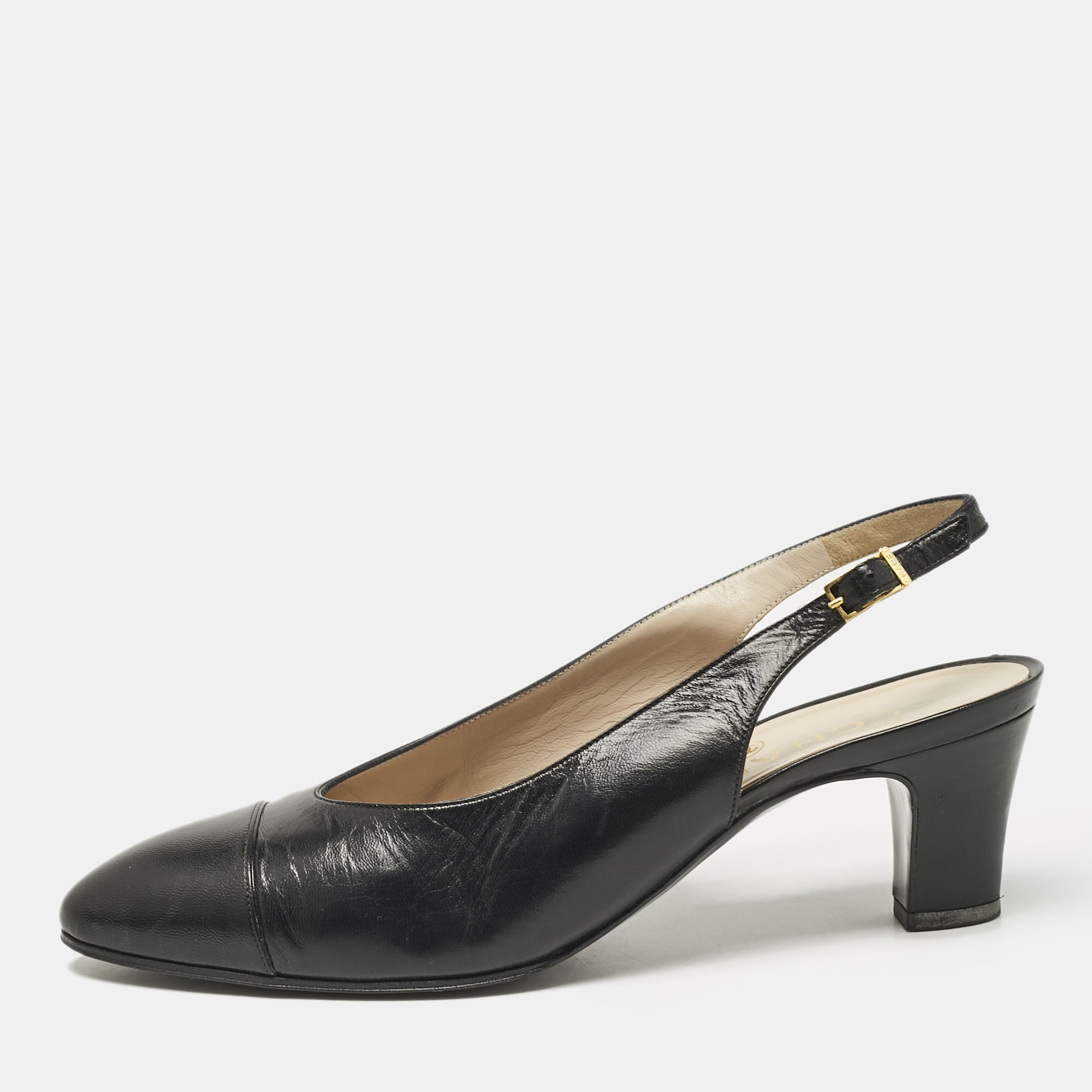 

Chanel Black Leather Cap Toe Slingback Pumps Size