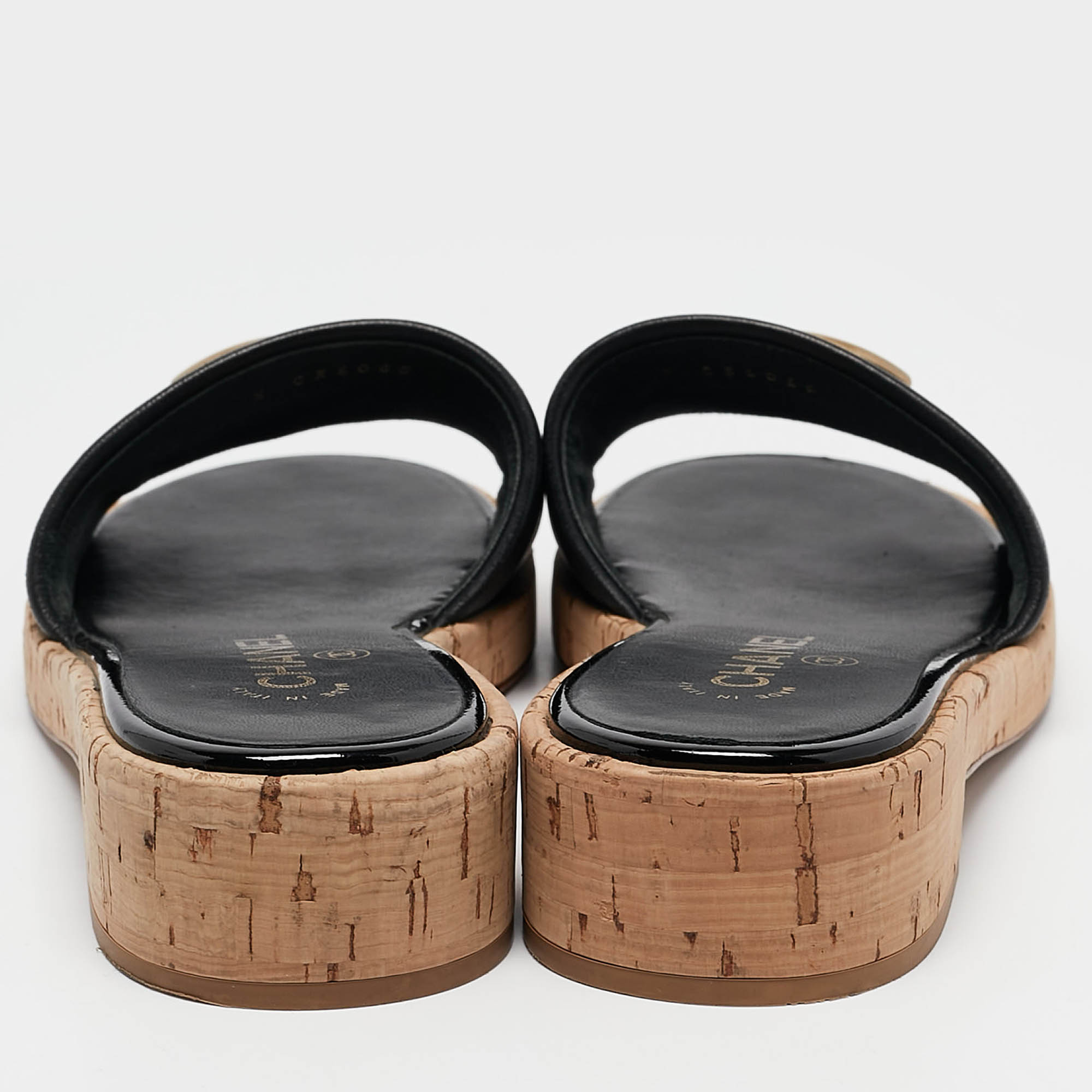 Chanel Black Leather CC Cork Slide Sandals Size 39 