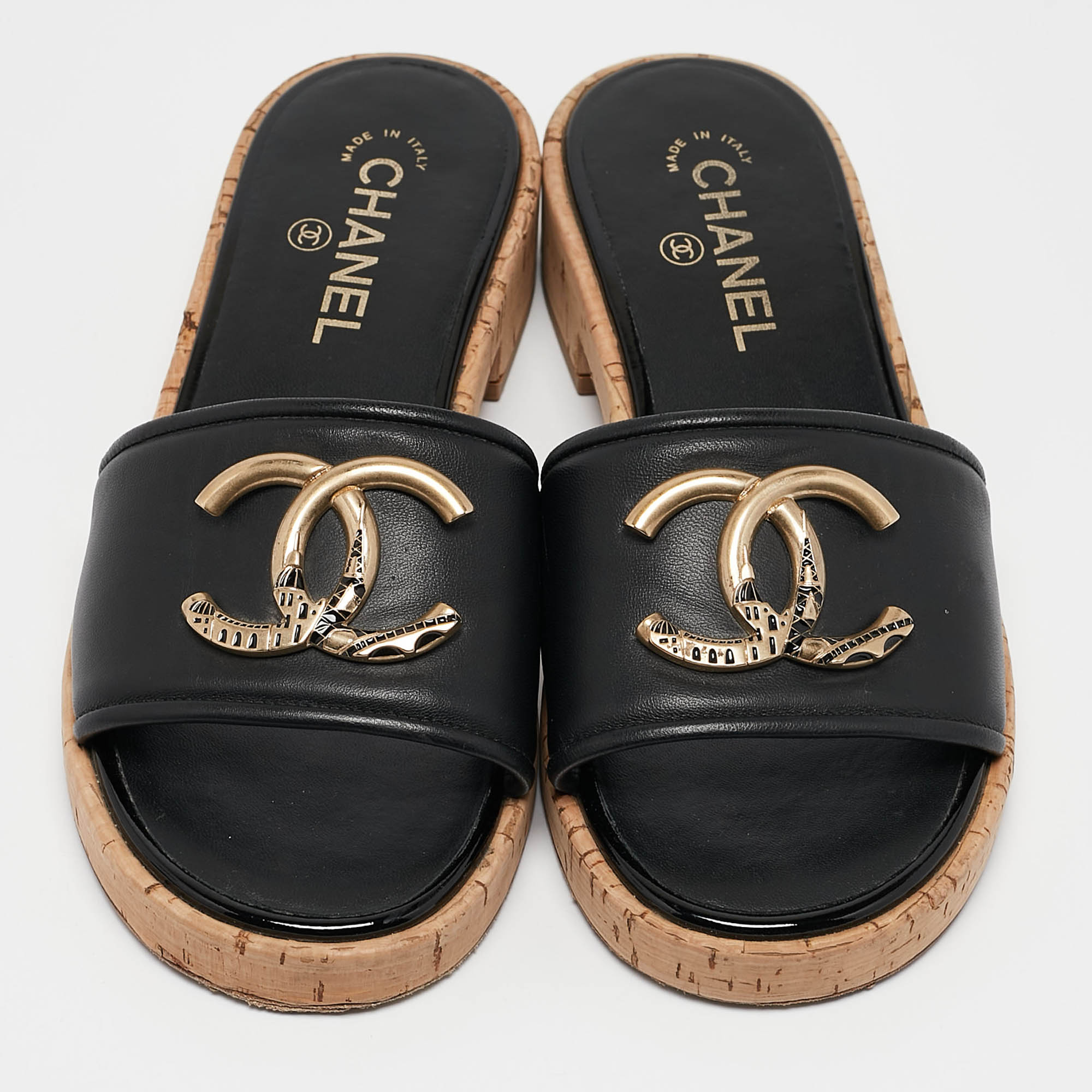Chanel Black Leather CC Cork Slide Sandals Size 39 