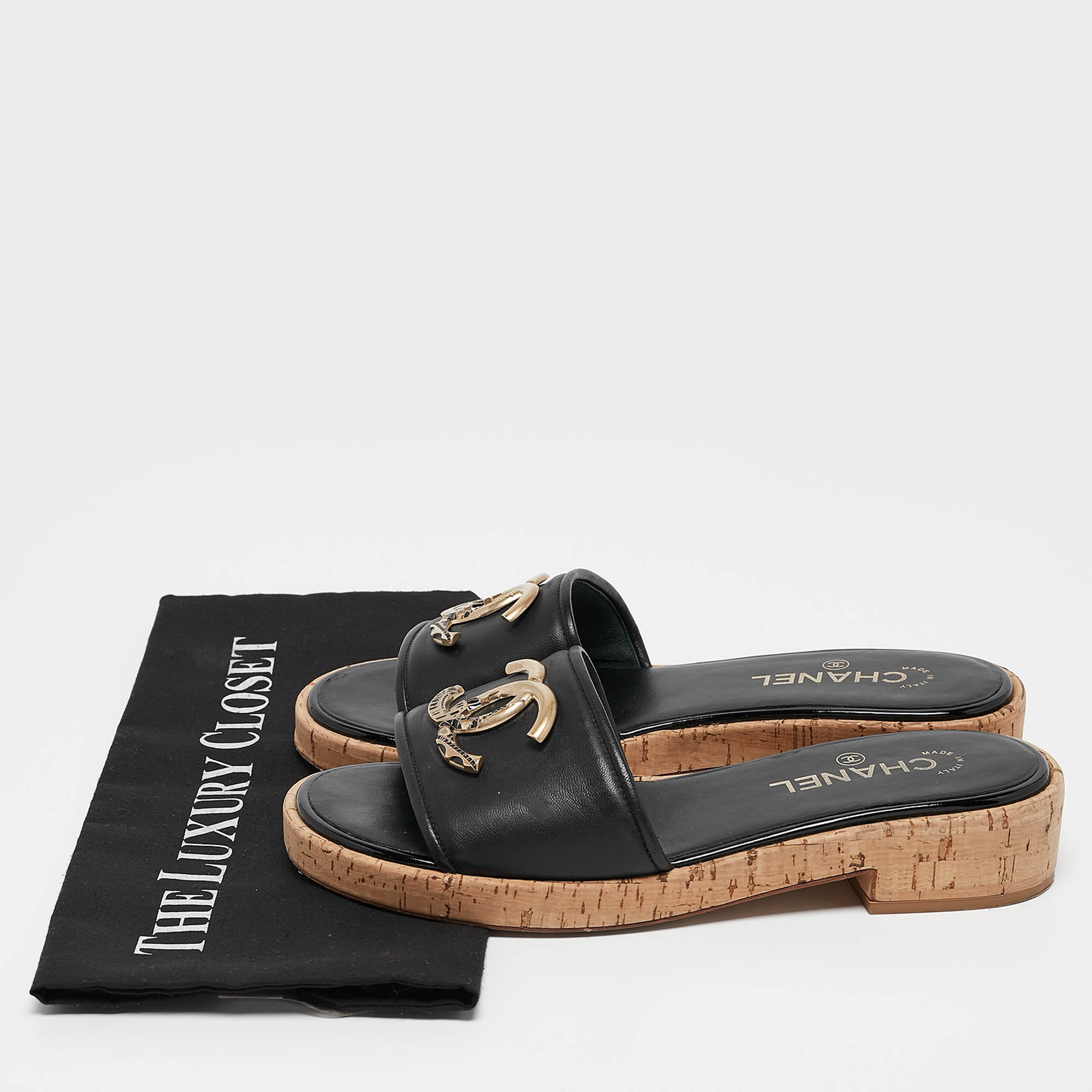 Chanel Black Leather CC Cork Slide Sandals Size 39 