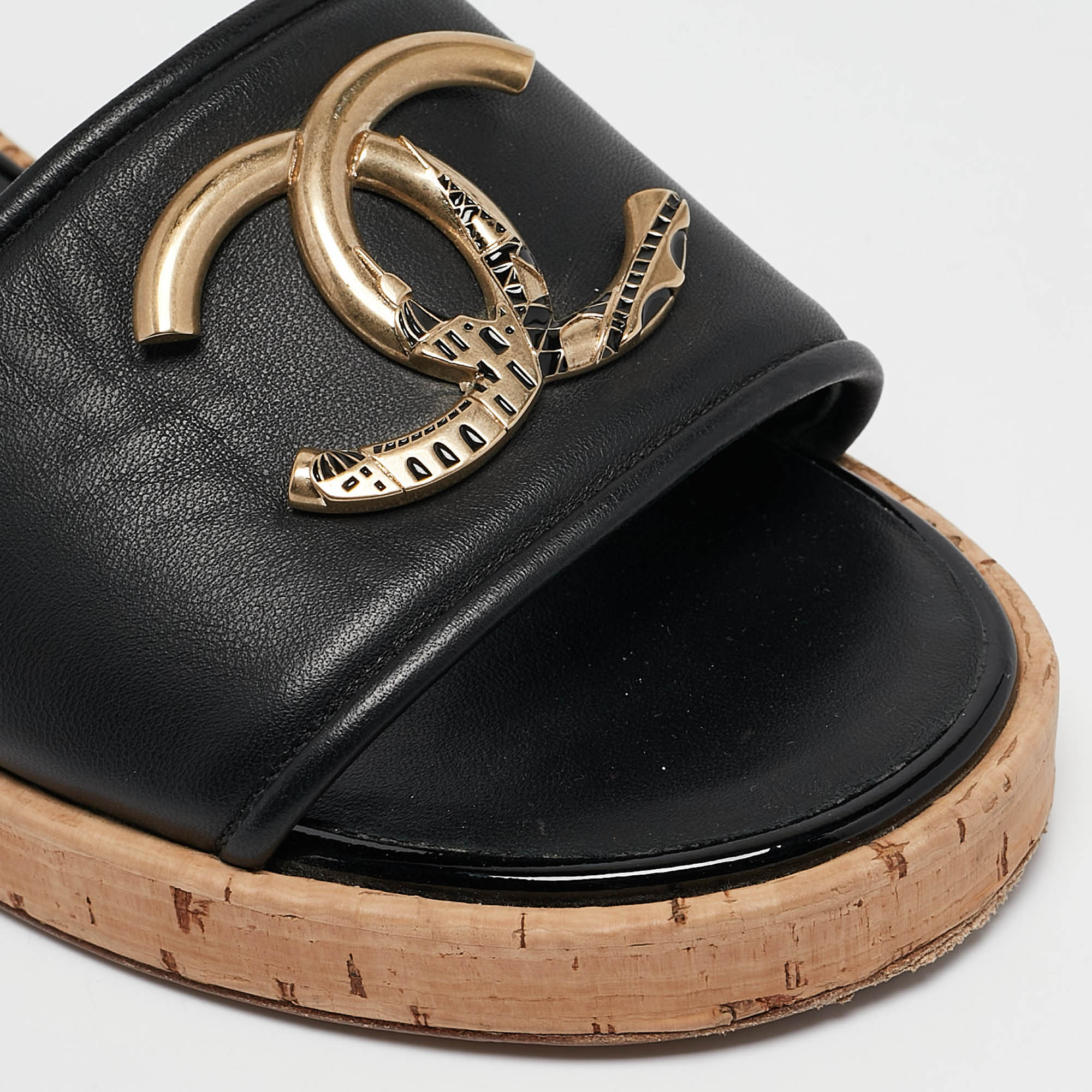Chanel Black Leather CC Cork Slide Sandals Size 39 