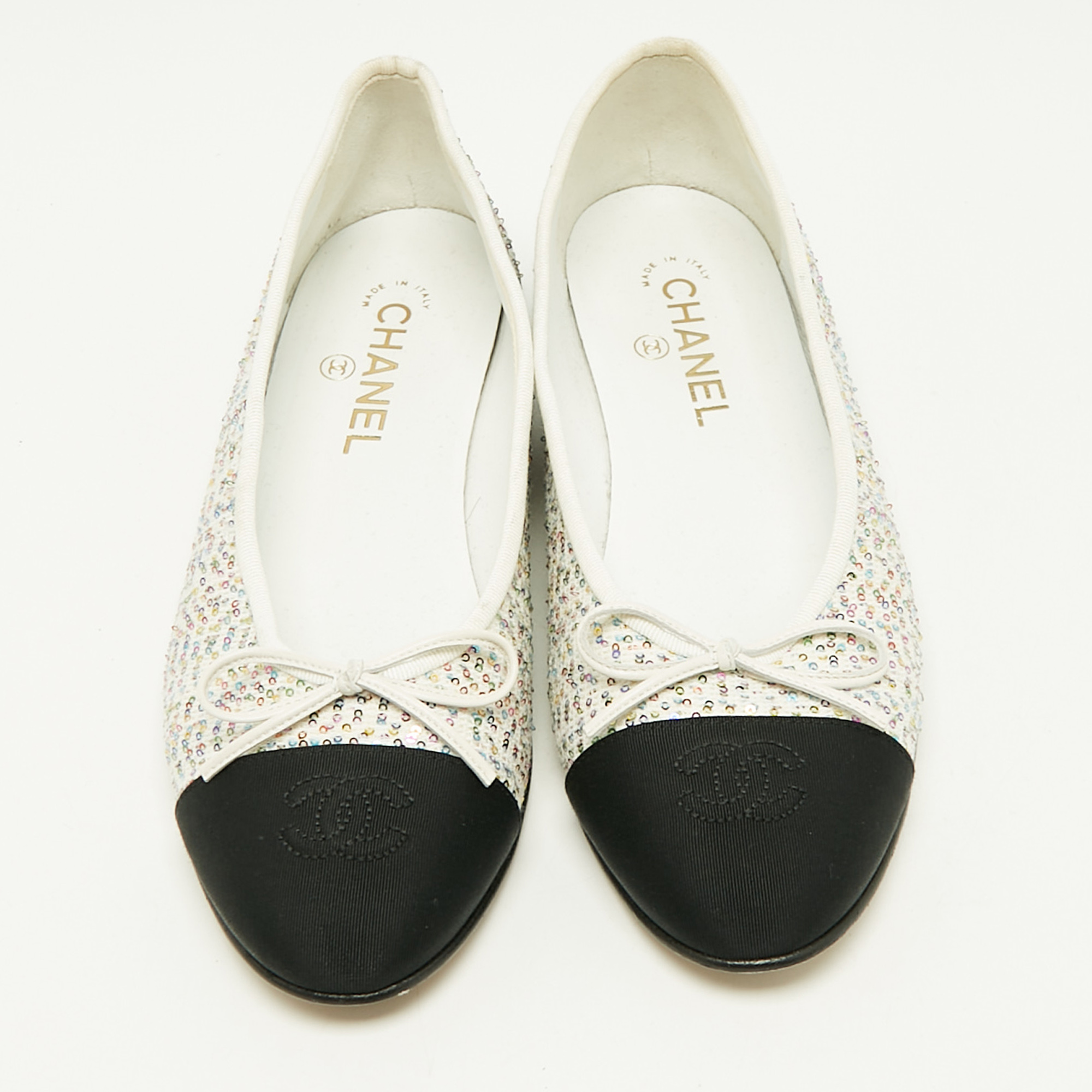 Chanel White/Black Canvas and Sequins CC Ballet Flats Size 40 