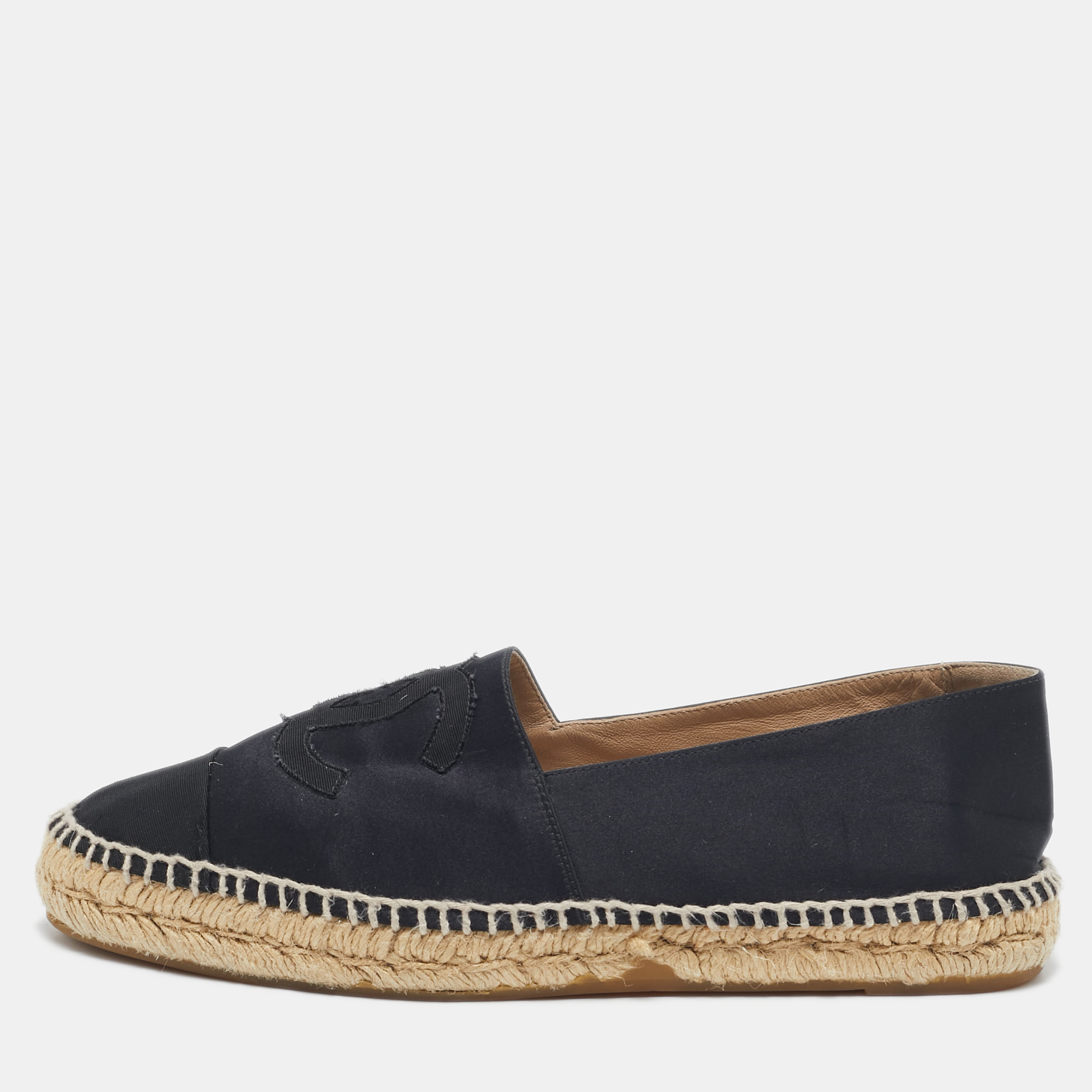 

Chanel Black Satin CC Cap Toe Espadrille Flats Size