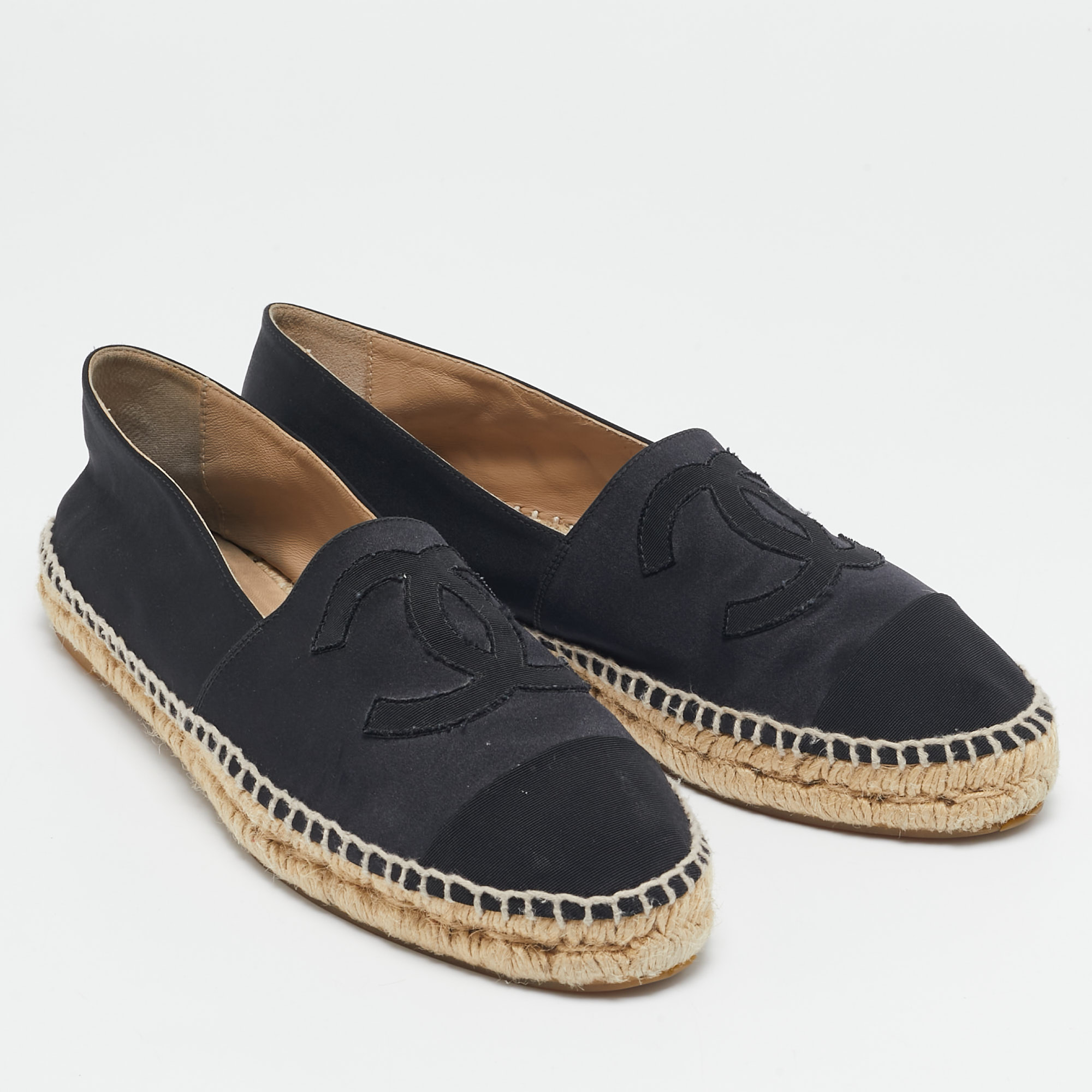 Chanel Black Satin CC Cap Toe Espadrille Flats Size 41 