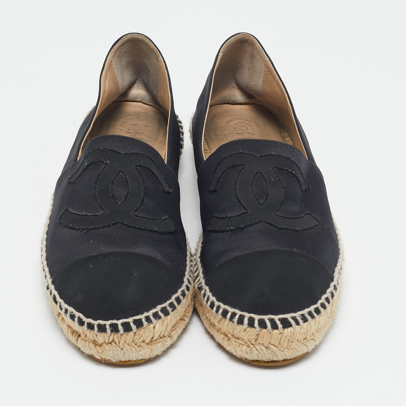 Chanel Black Satin CC Cap Toe Espadrille Flats Size 41 