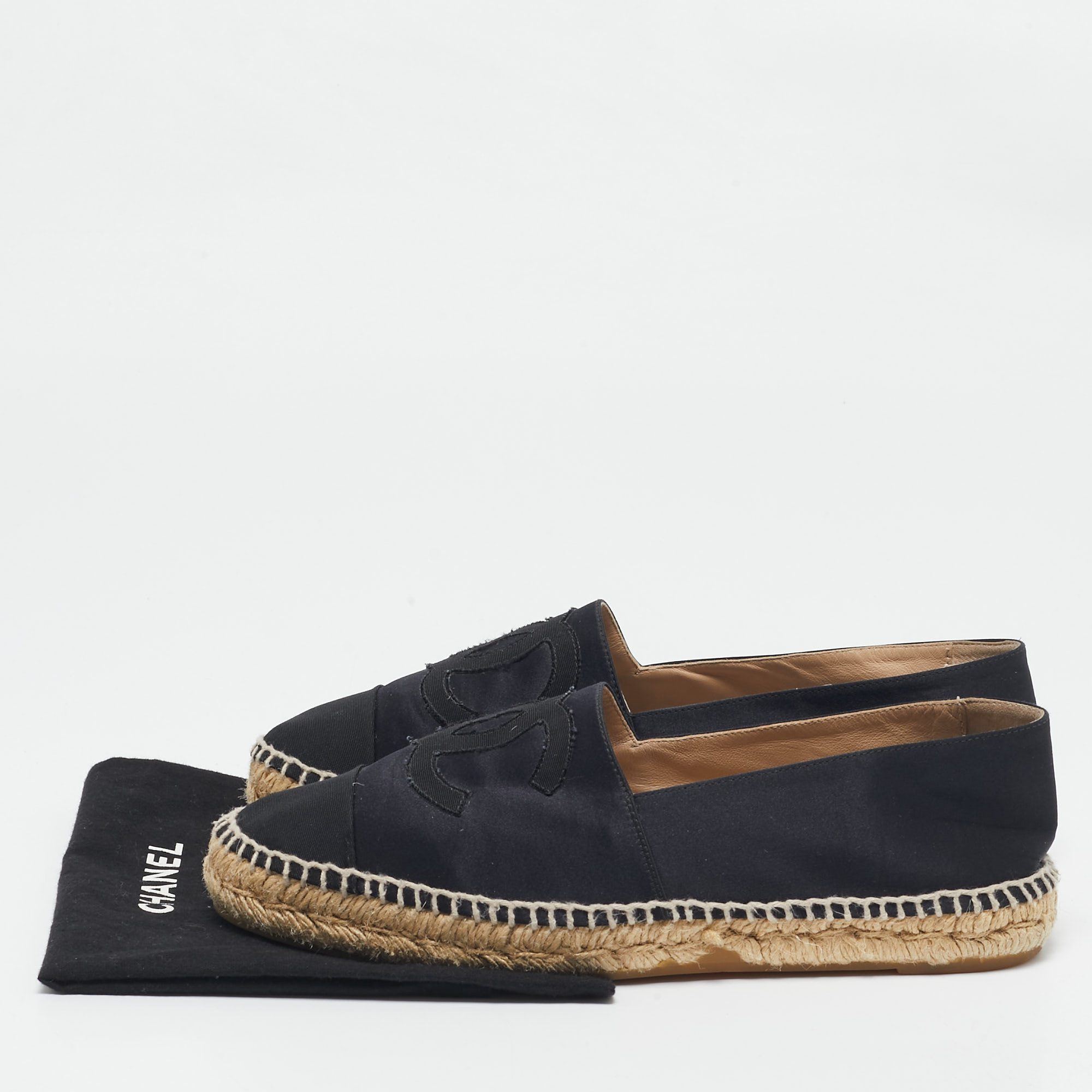 Chanel Black Satin CC Cap Toe Espadrille Flats Size 41 