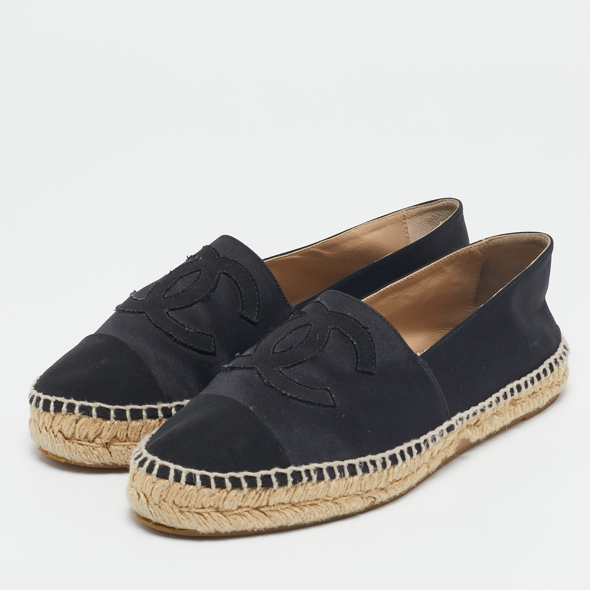 Chanel Black Satin CC Cap Toe Espadrille Flats Size 41 