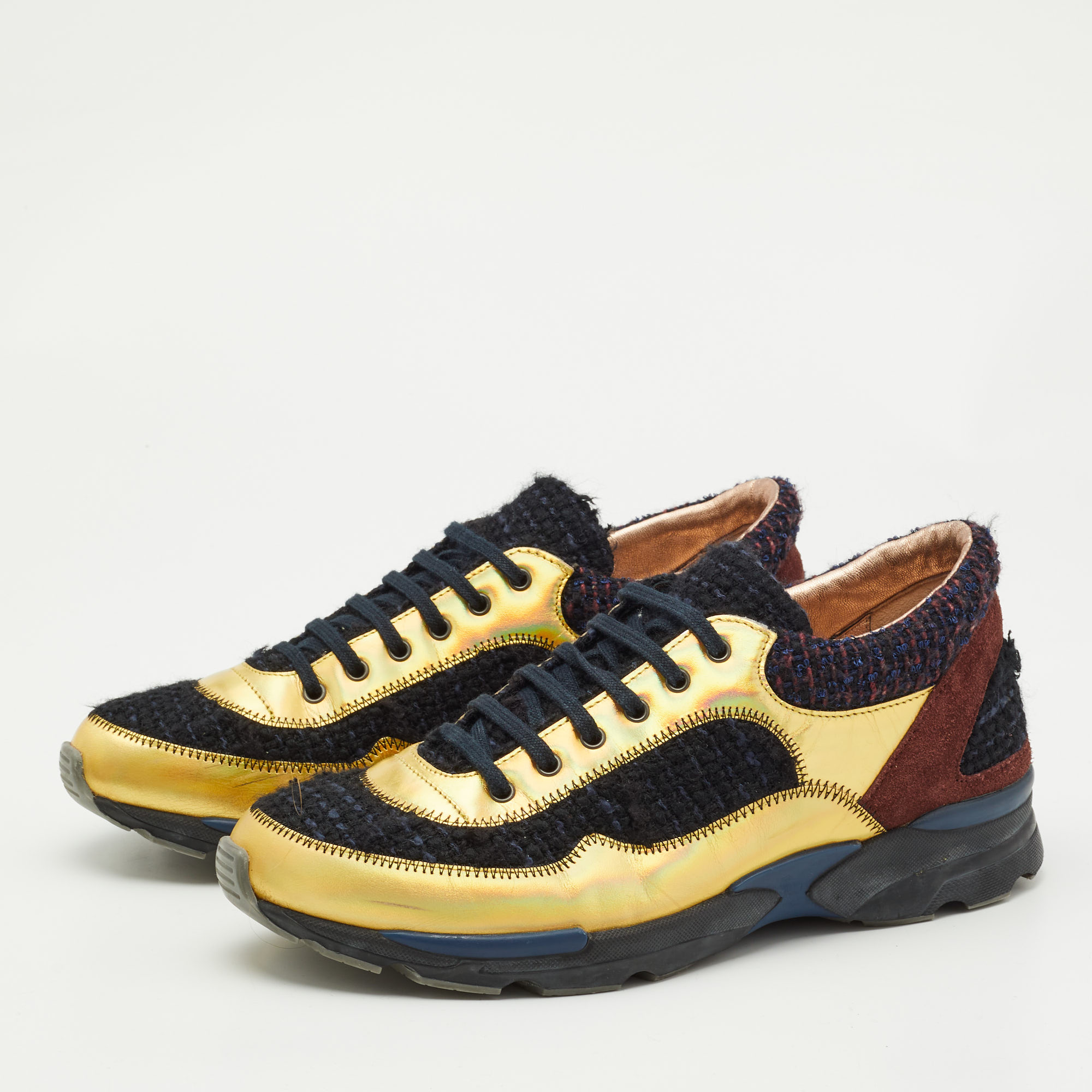 Chanel Multicolor Tweed, Suede and Metallic Leather Lace Up Sneakers Size 38 