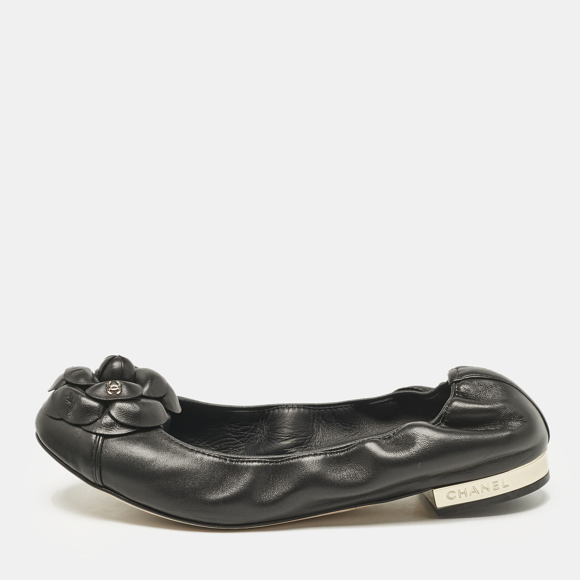 

Chanel Black Leather CC Camellia Scrunch Ballet Flats Size