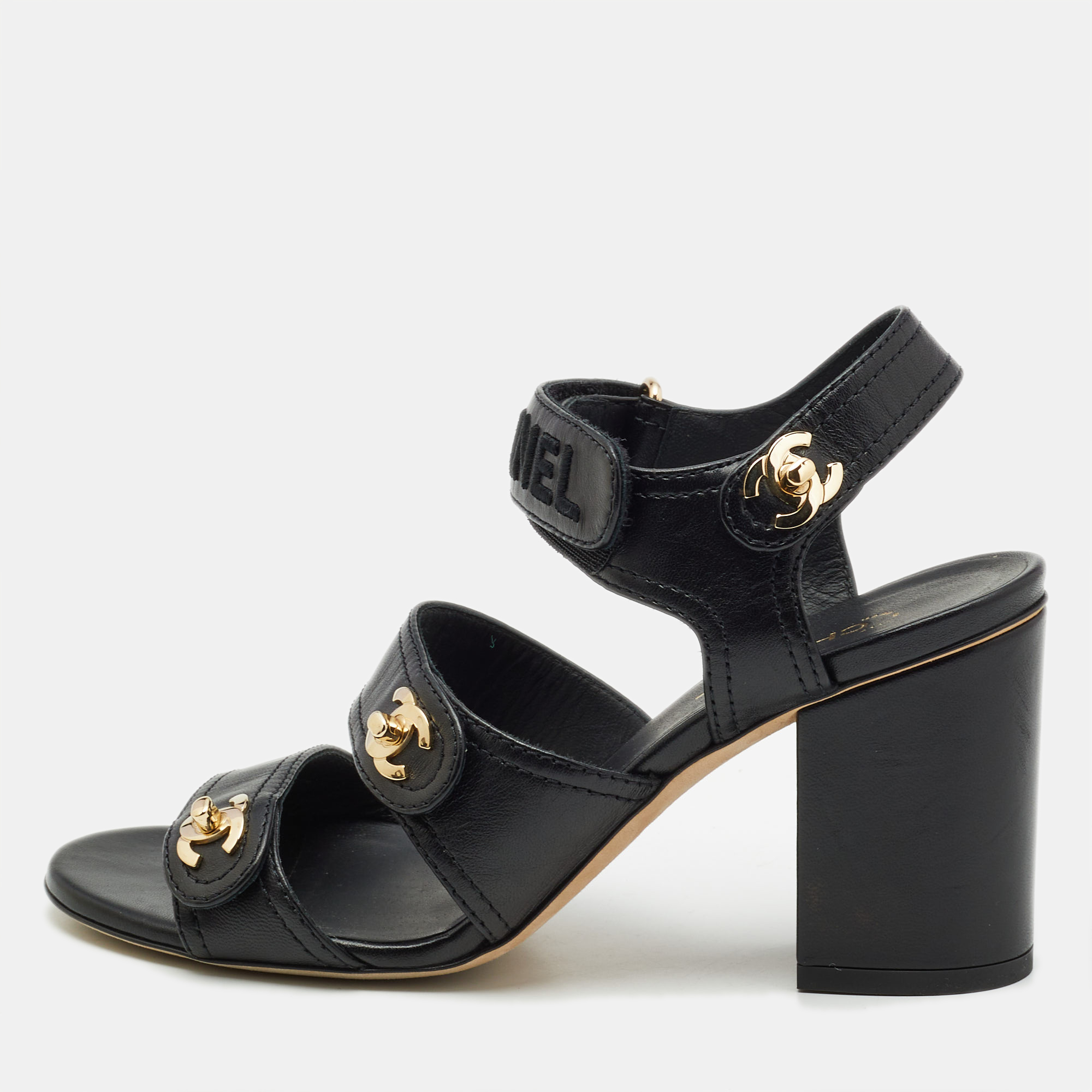 

Chanel Black Leather CC Turnlock Block Heel Ankle Strap Sandals Size