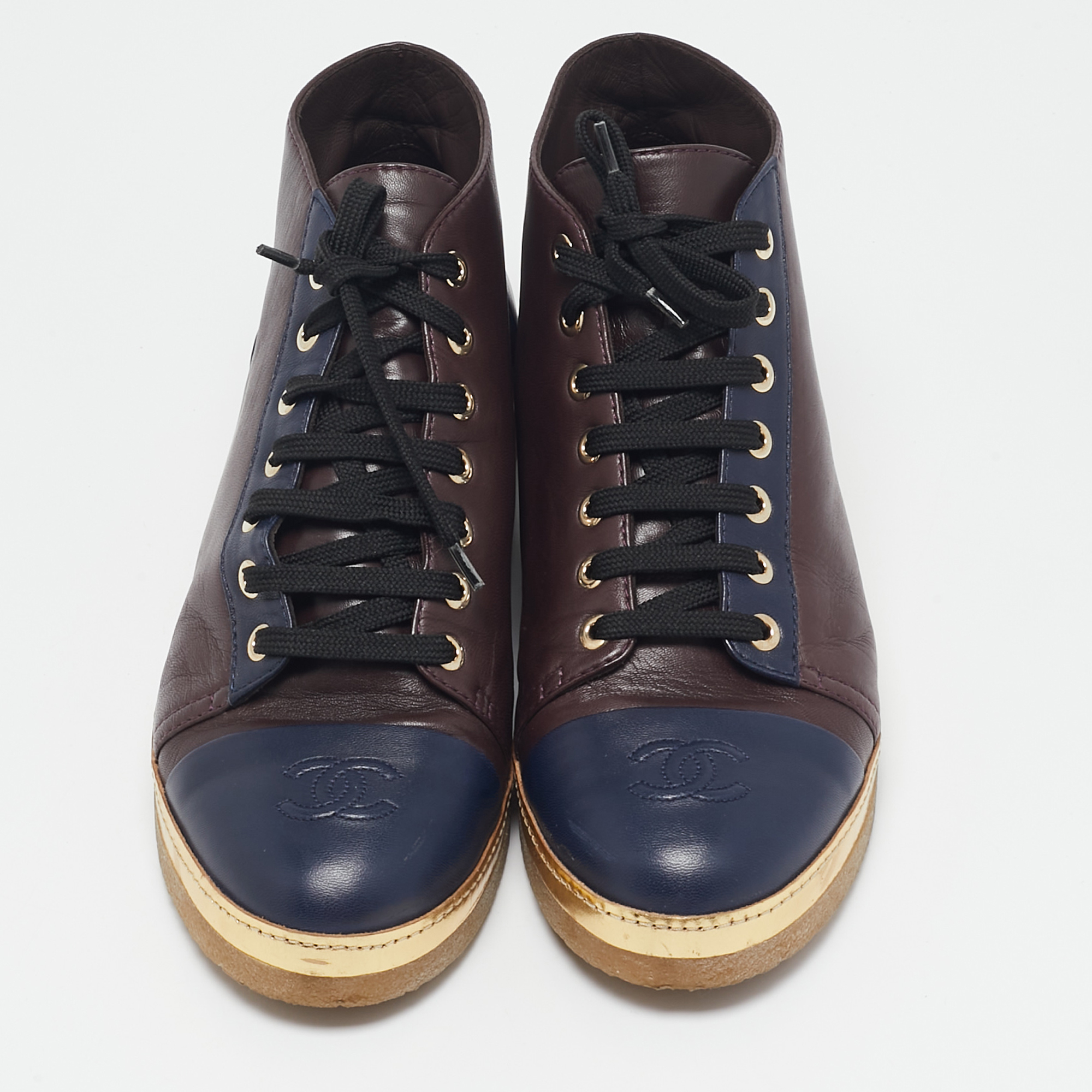 Chanel Blue/Brown Leather CC Cap Toe Ankle Length Boots Size 38.5 