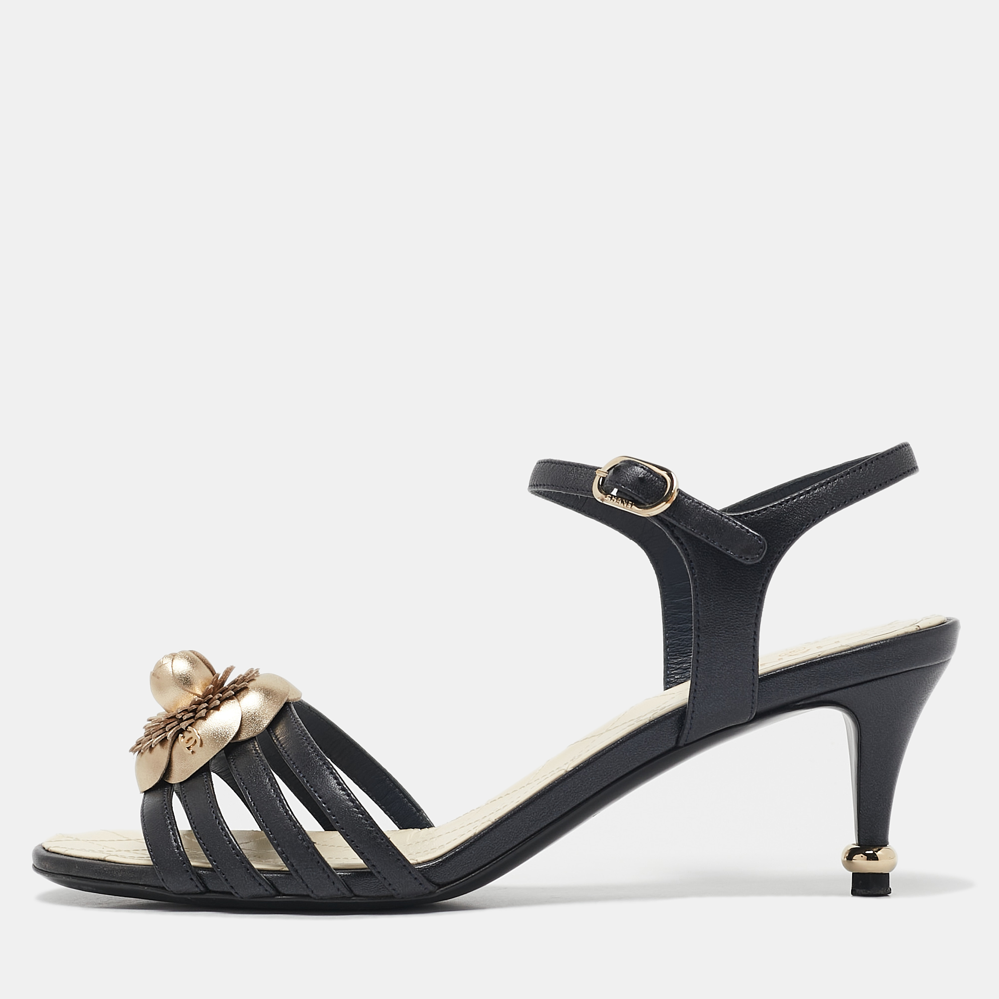 

Chanel Black Leather Camellia Ankle Strap Sandals Size