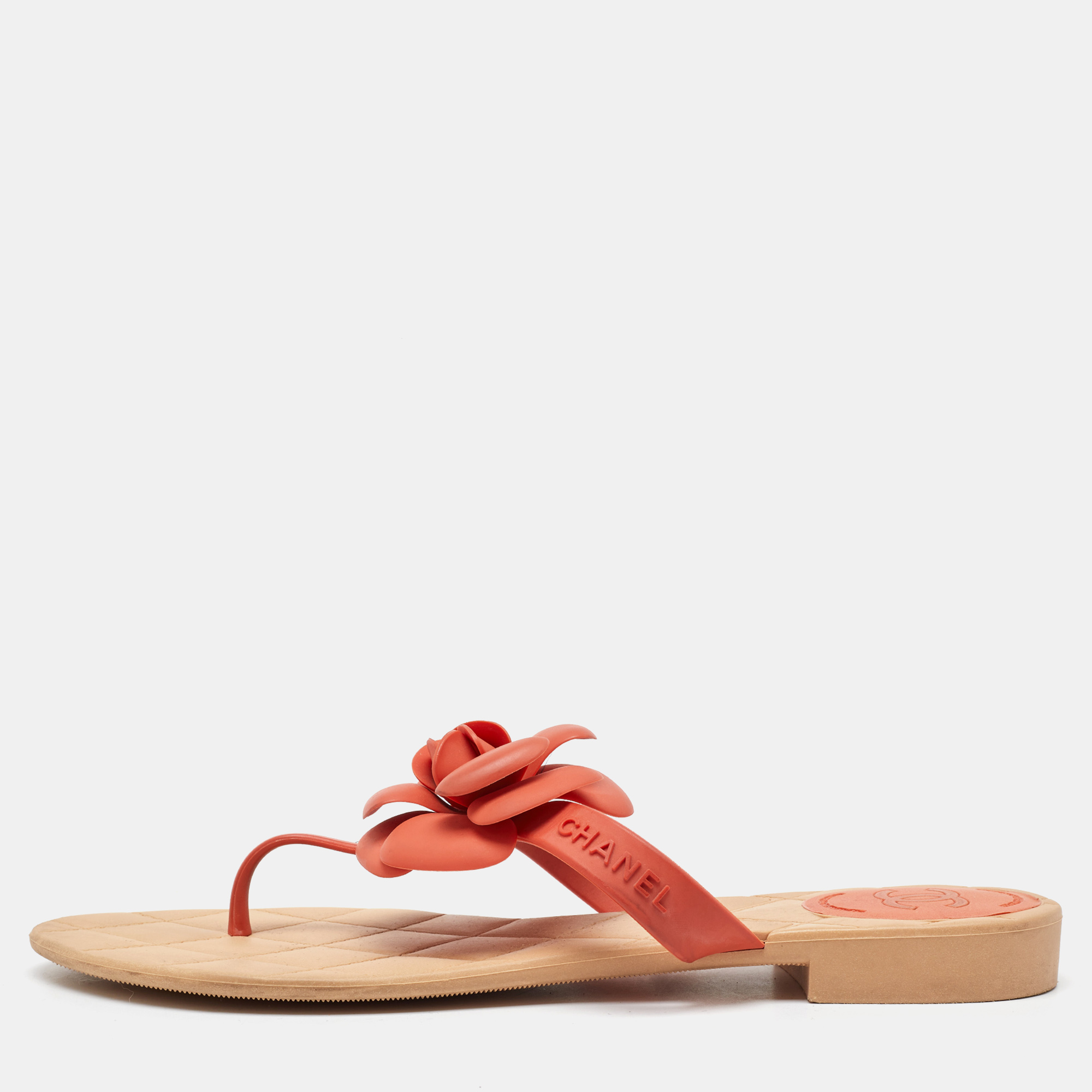 

Chanel Orange Rubber Camellia Flat Thong Sandals Size