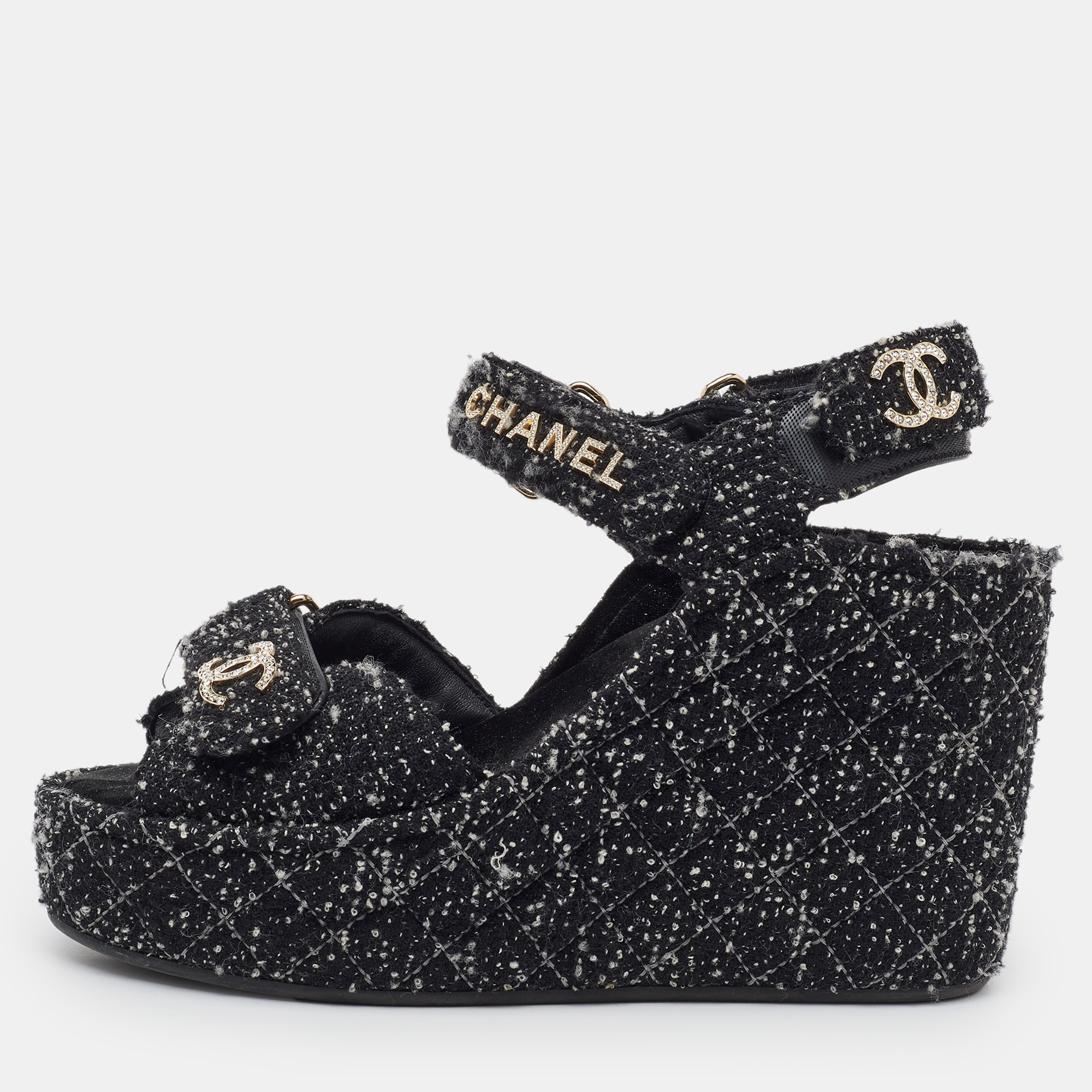 

Chanel Black Quilted Tweed CC Platform Wedge Sandals Size