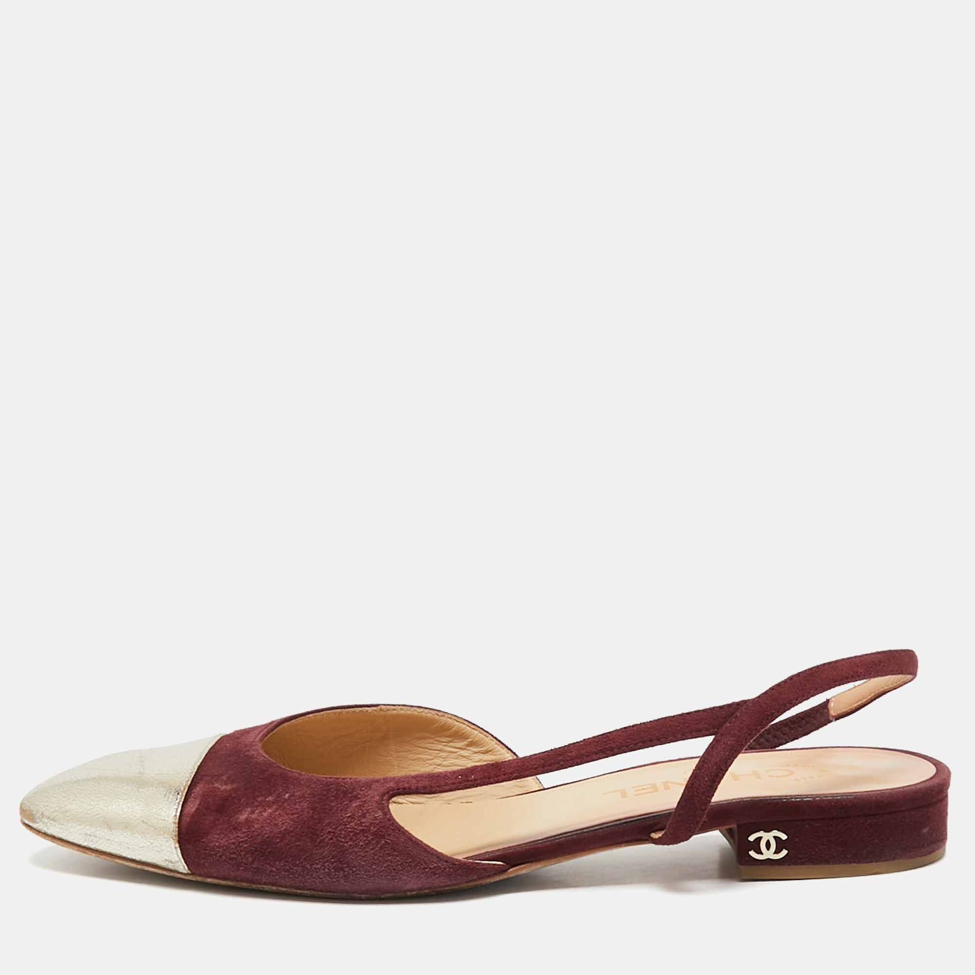 

Chanel Gold/Burgundy Suede and Leather CC Slingback Flats Size