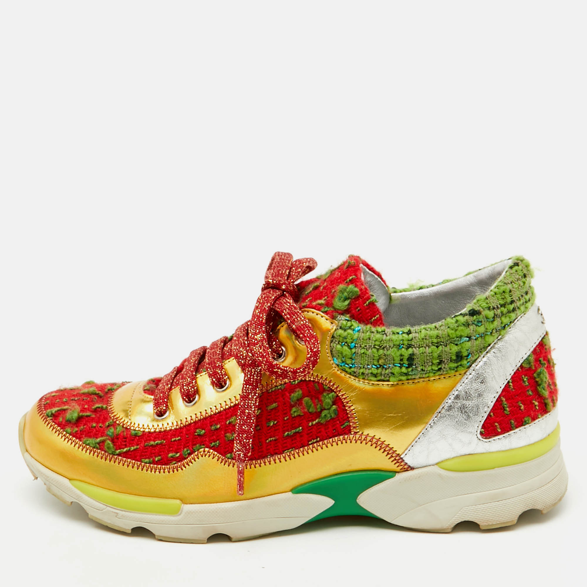 

Chanel Multicolor Tweed Fabric and Leather CC Lace Up Sneakers Size