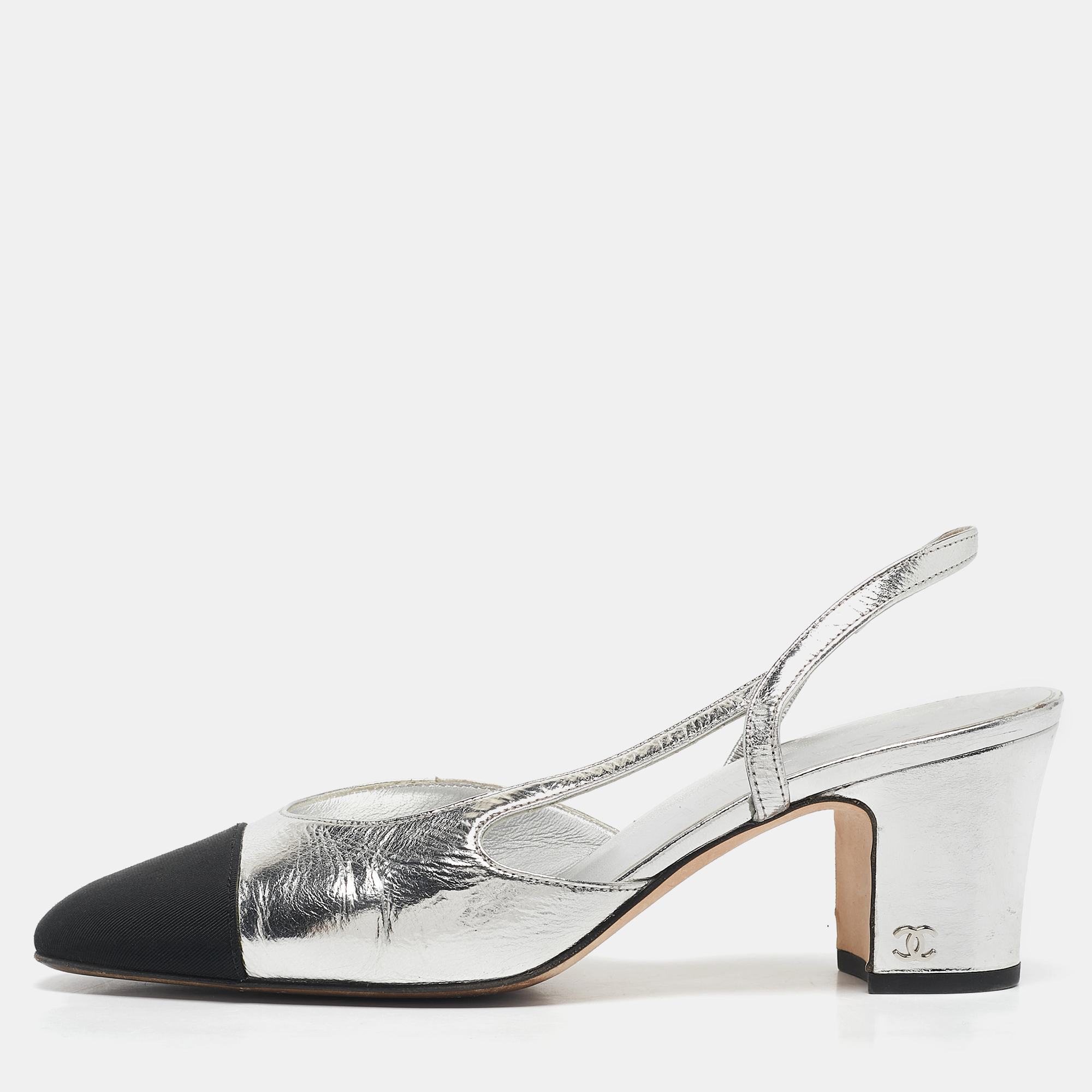 

Chanel Silver/Black Canvas and Leather CC Slingback Pumps Size