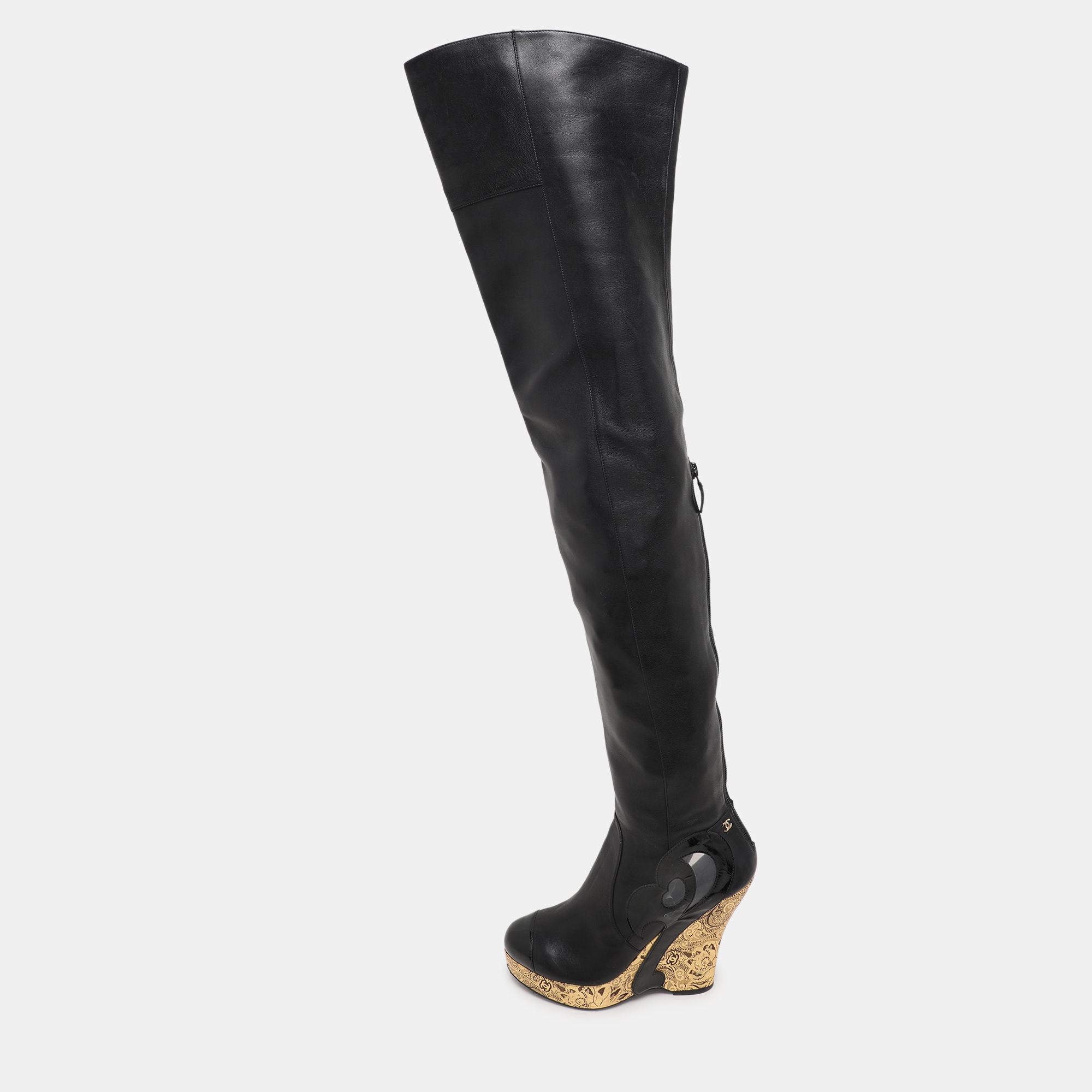 

Chanel Black Leather Baroque Style Tall Boots Size 38.5