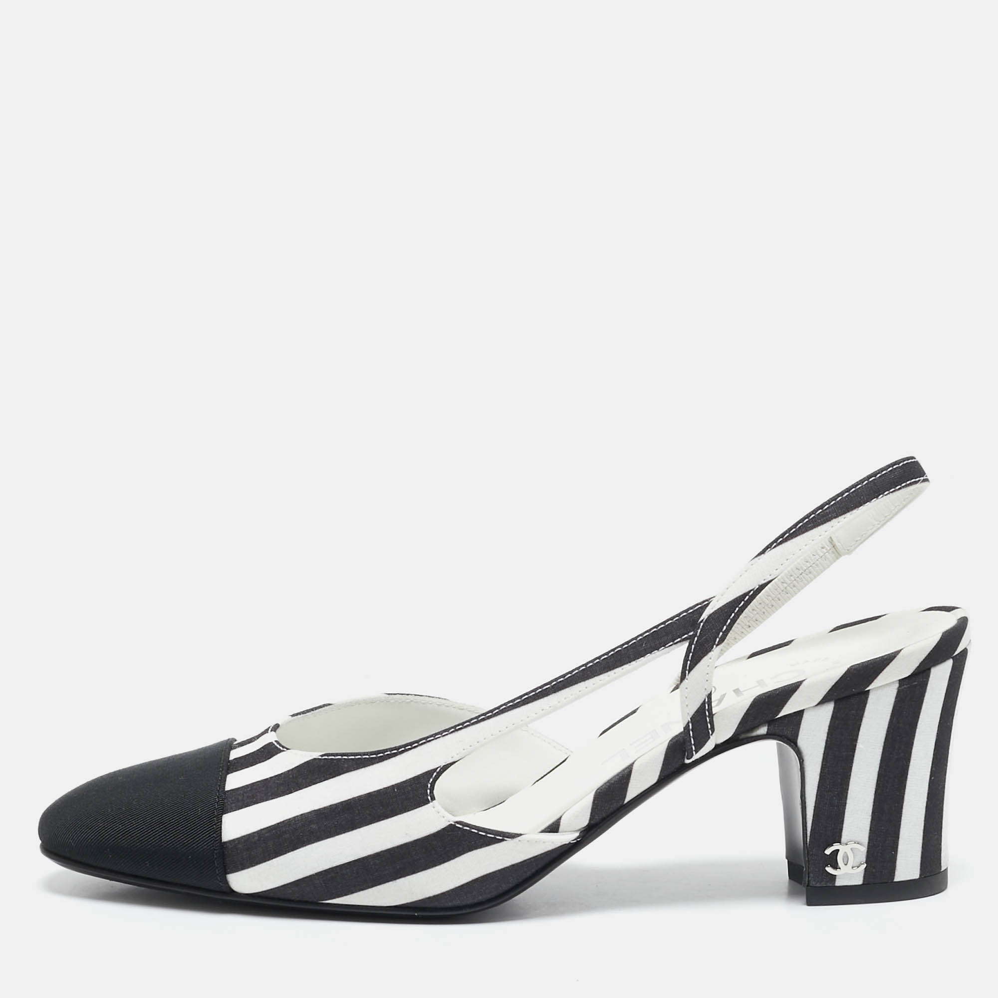 

Chanel Black/White Fabric CC Stripe Ankle Strap Sandals Size