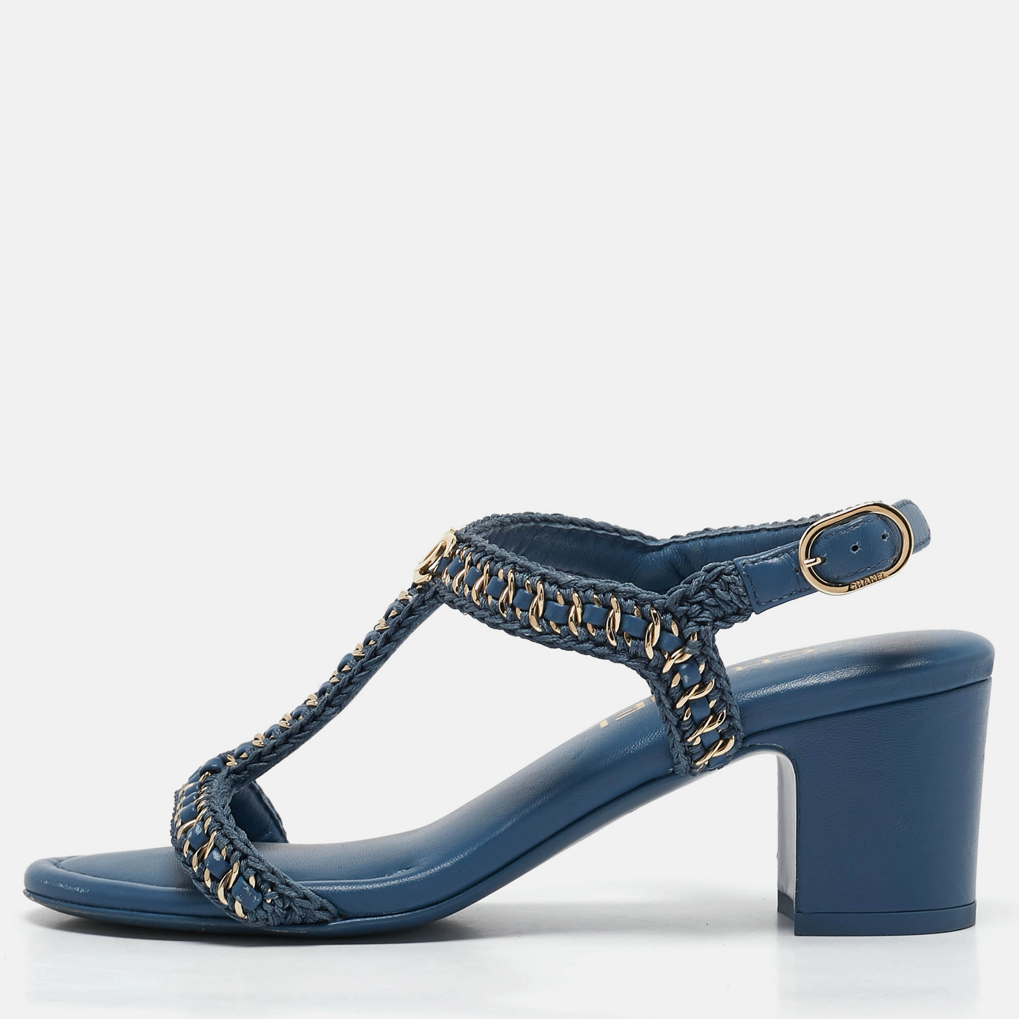 

Chanel Blue Knit Fabric and Leather Braided Chain Detail Block Heel Sandals Size