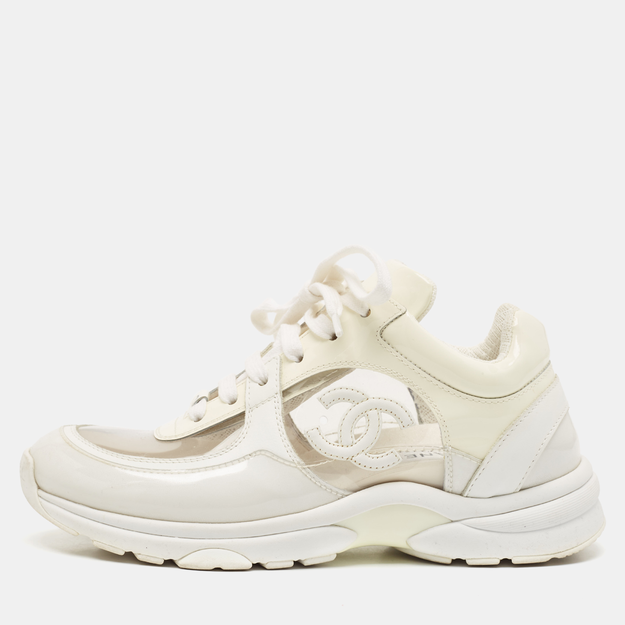 

Chanel Off White Patent Leather and PVC CC Low Top Sneakers Size