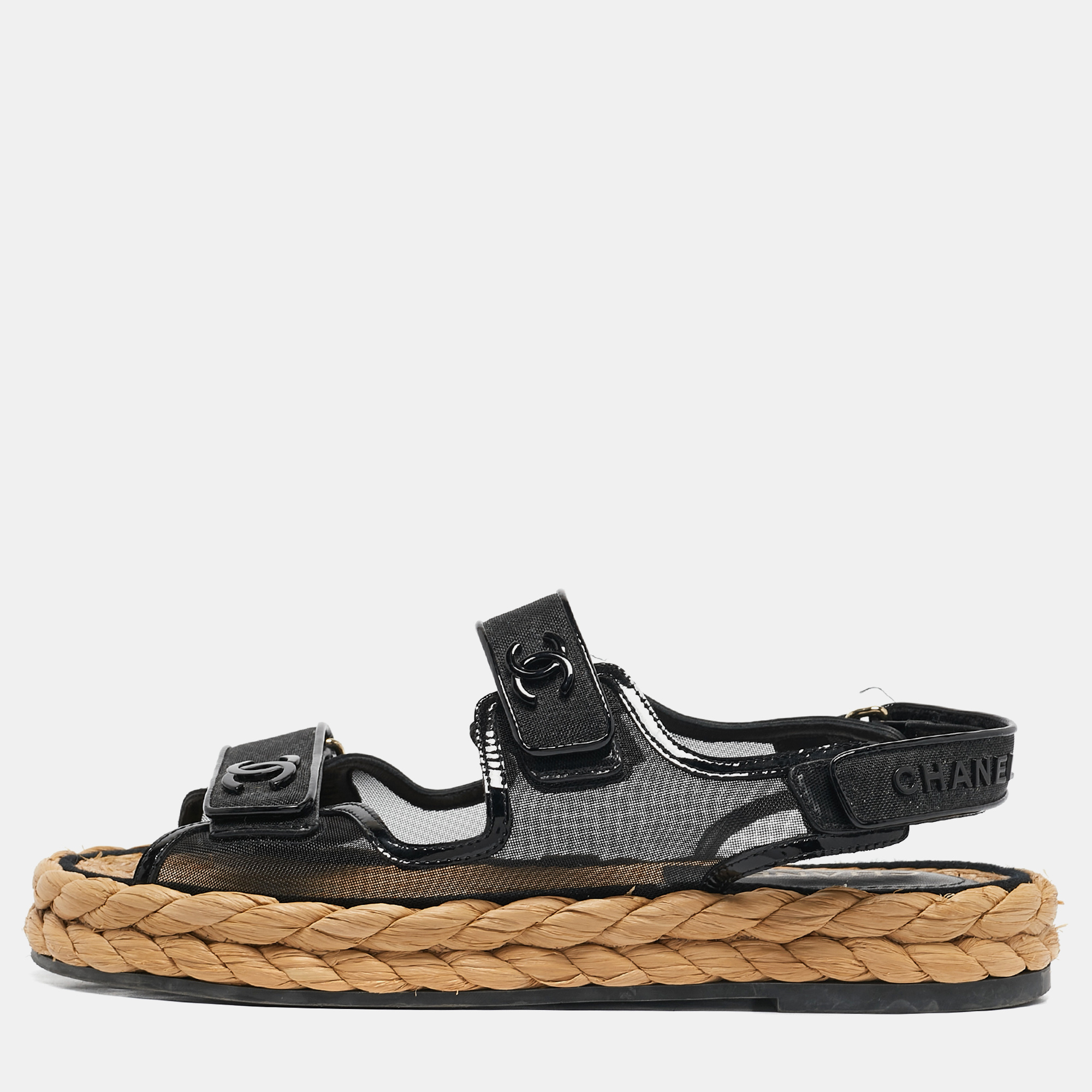 

Chanel Black Mesh and Patent Leather Espadrille Dad Sandals Size