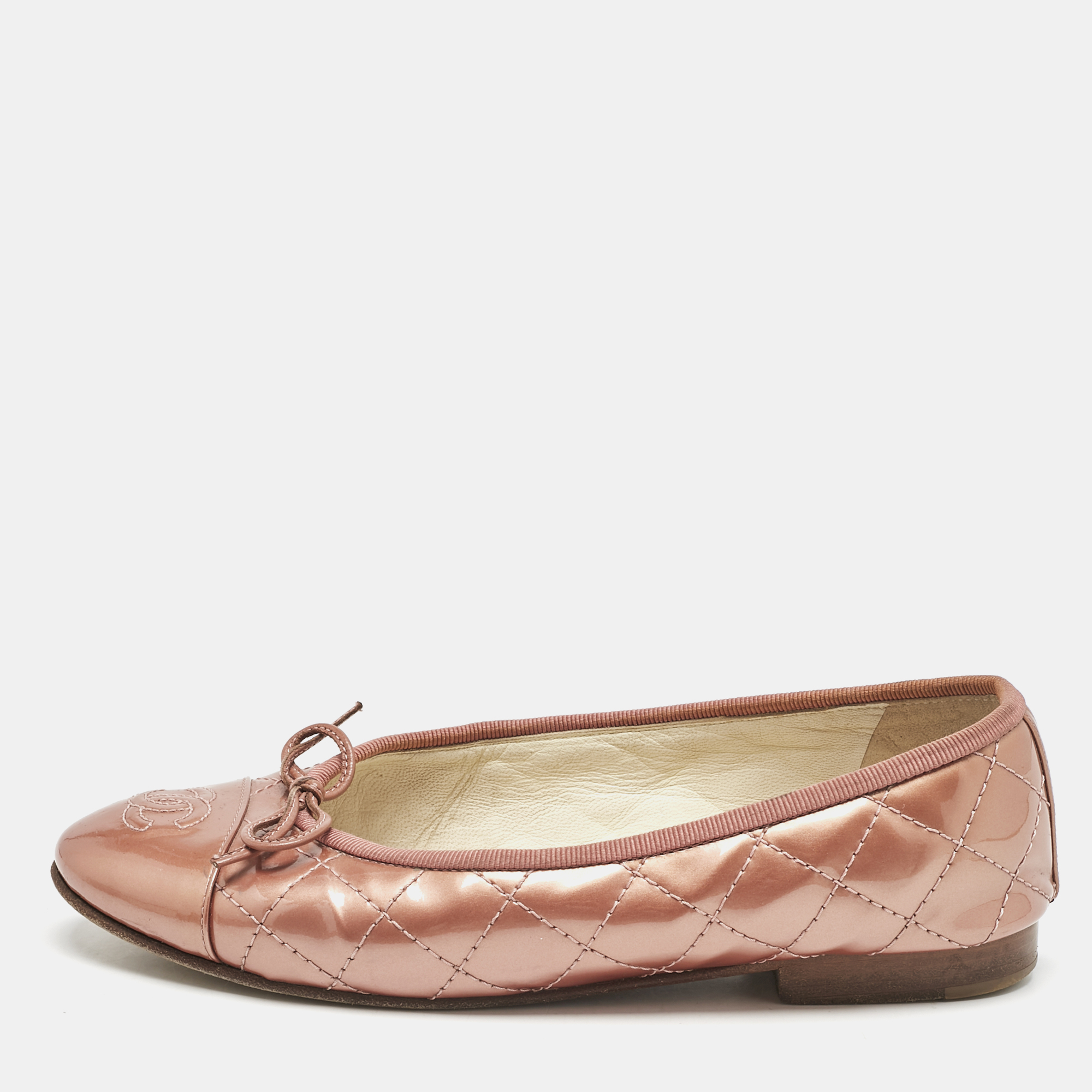 

Chanel Rose Gold Patent Cap Toe CC Bow Ballet Flats Size