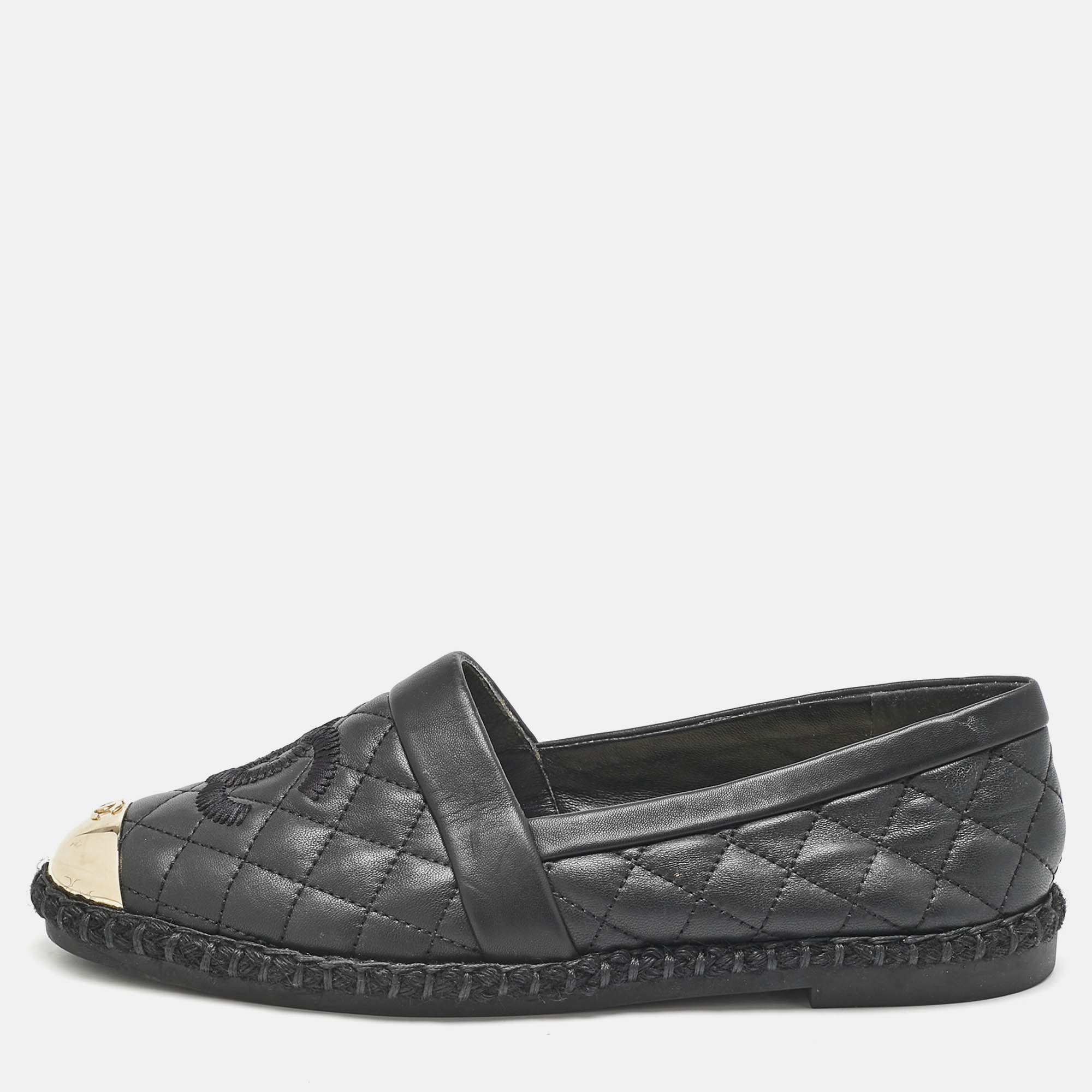 

Chanel Black Leather Cap Toe Espadrille Flats Size