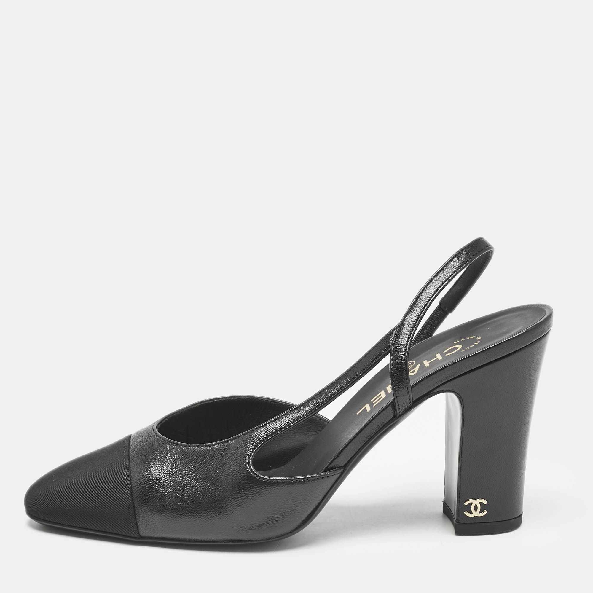 

Chanel Black Leather and Canvas CC Cap Toe Slingback Pumps Size