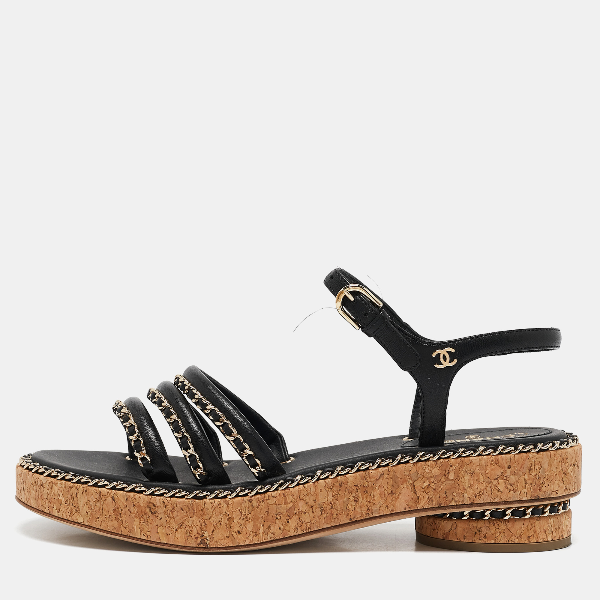 

Chanel Black Leather Chain Detail Cork Sandals Size