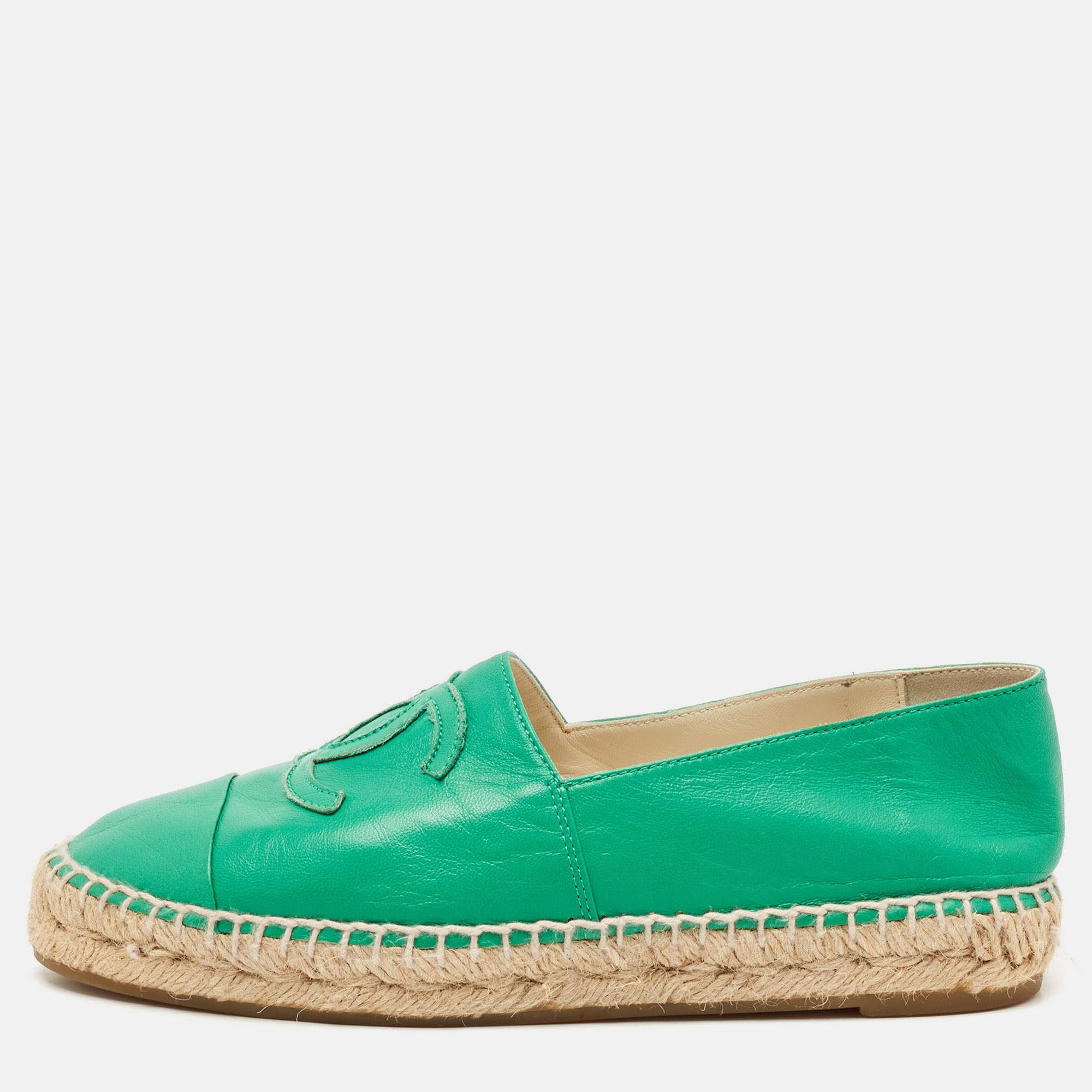 

Chanel Green Leather CC Cap Toe Flat Espadrilles Size