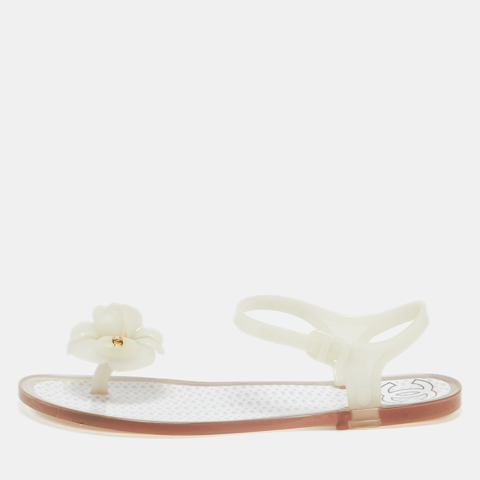 

Chanel White Jelly CC Camellia Thong Flat Sandals Size