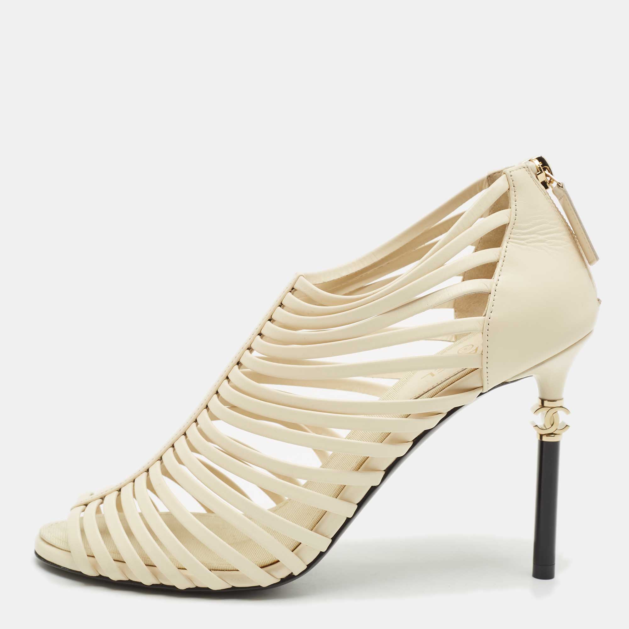 

Chanel Off White Leather CC Caged Booties Size