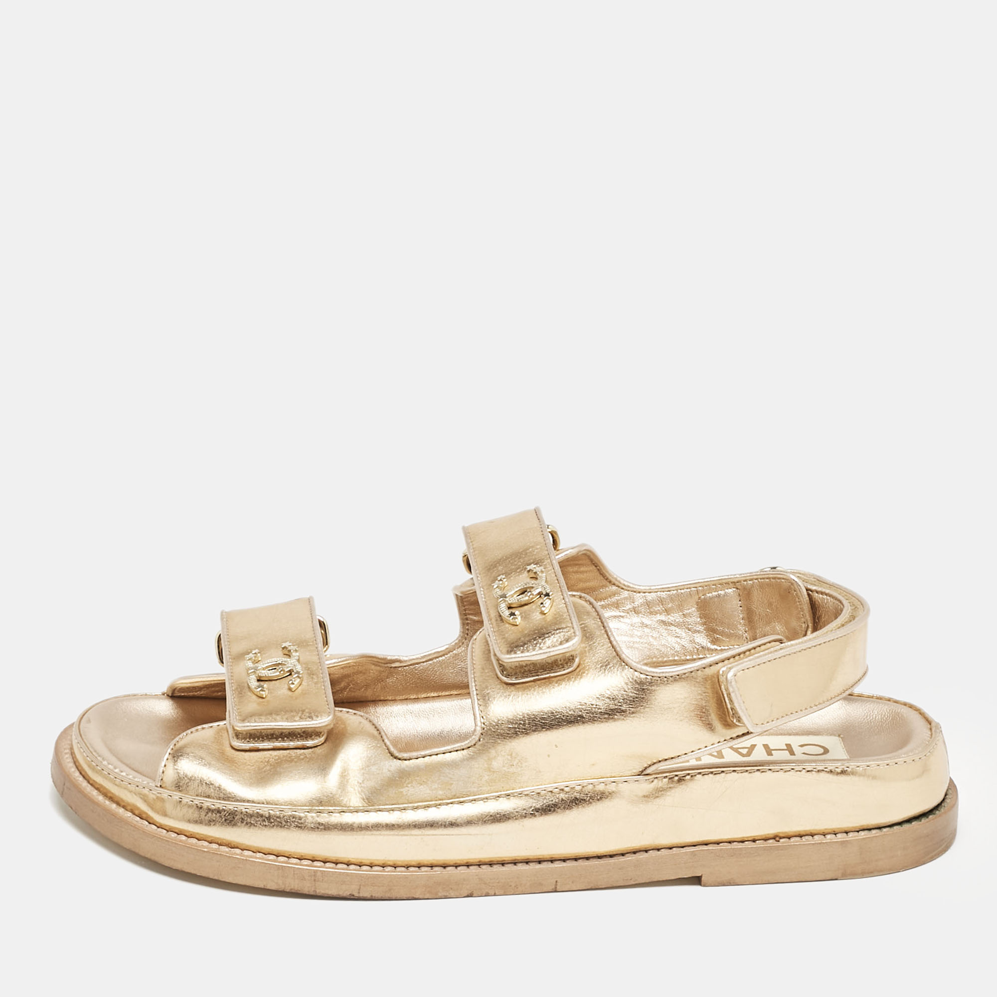 

Chanel Metallic Rose Gold Leather CC Dad Velcro Flat Sandals Size