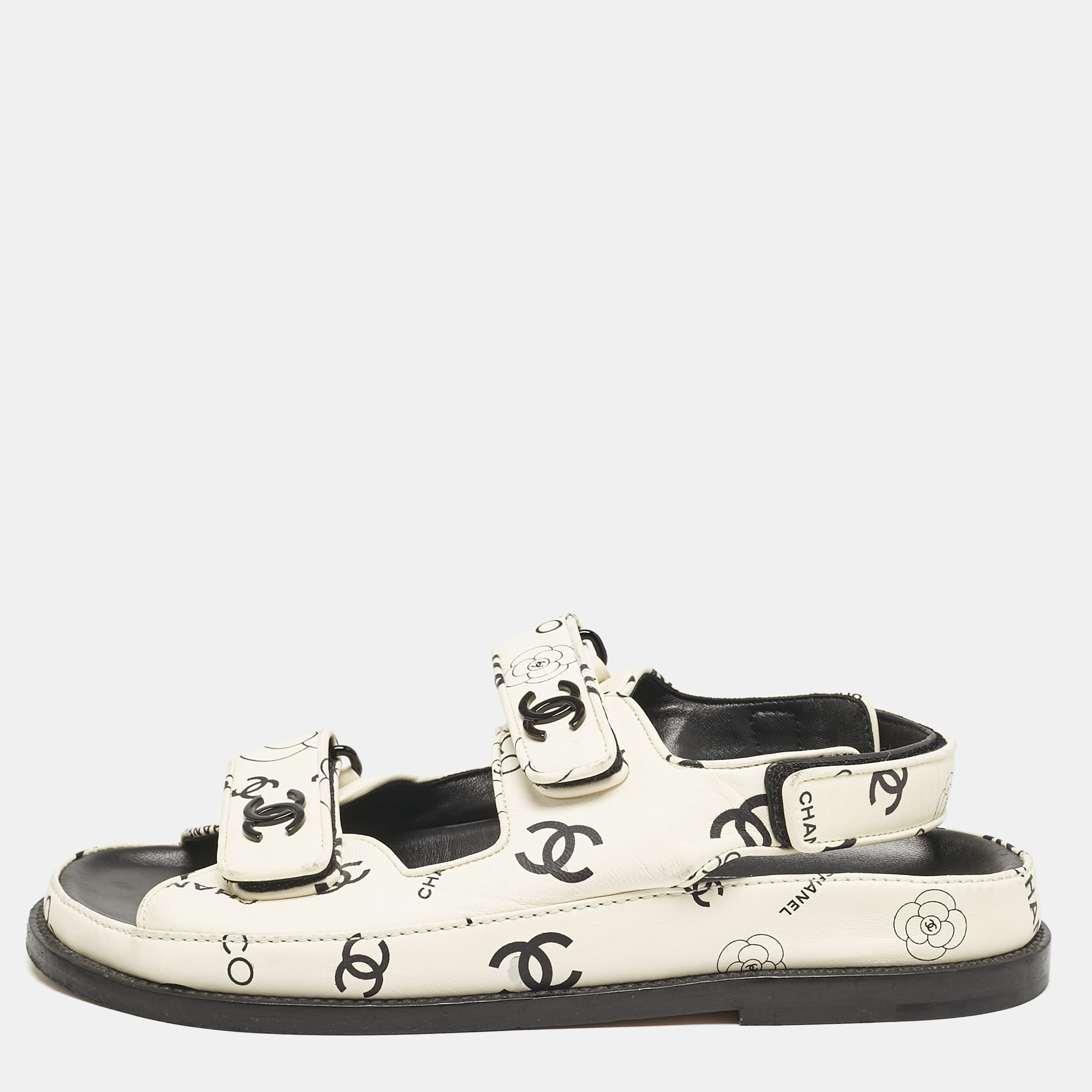 

Chanel White/Black Printed Leather CC Dad Velcro Flat Sandals Size
