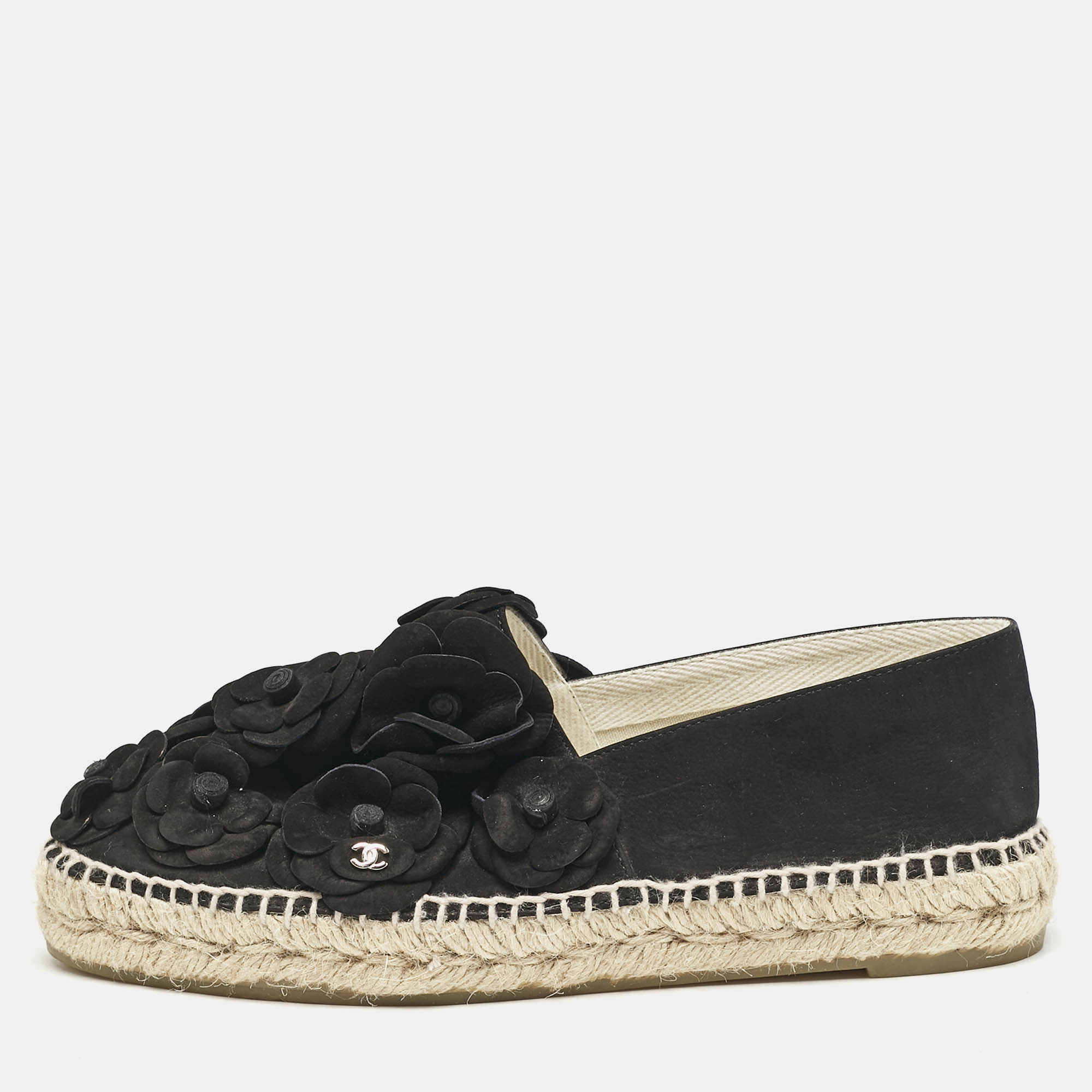 Pre-owned Chanel Black Nubuck Leather Cc Camelia Applique Espadrille Flats Size 39
