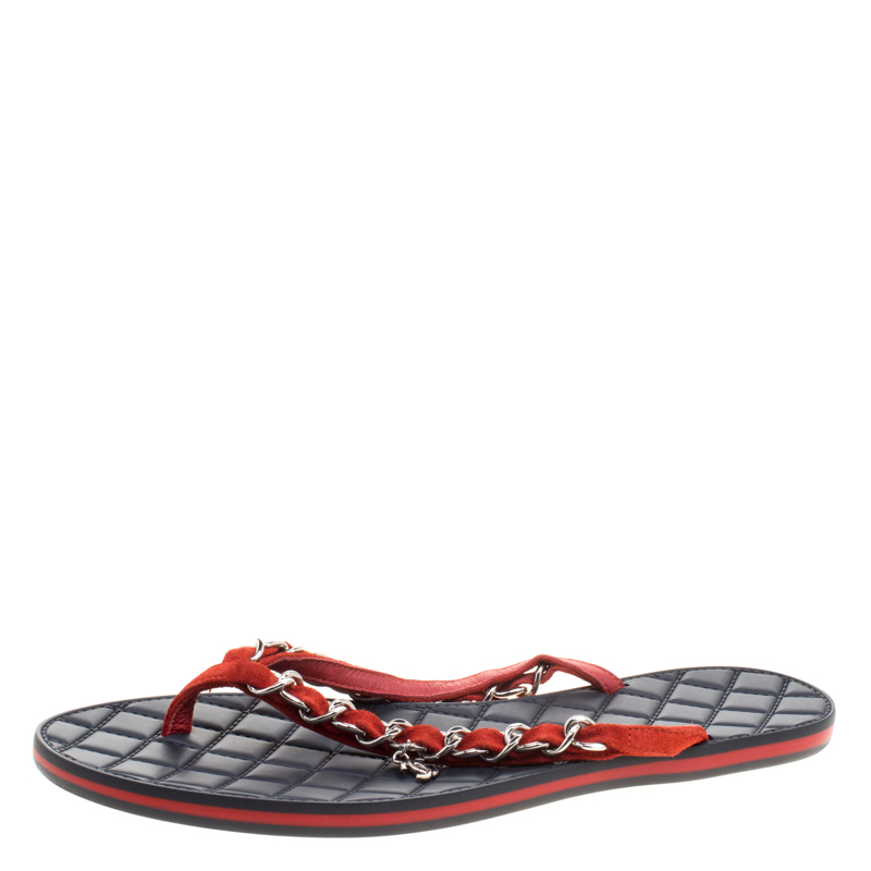 Chanel Orange Suede Chain Link Quilted Thong Sandals Size 39