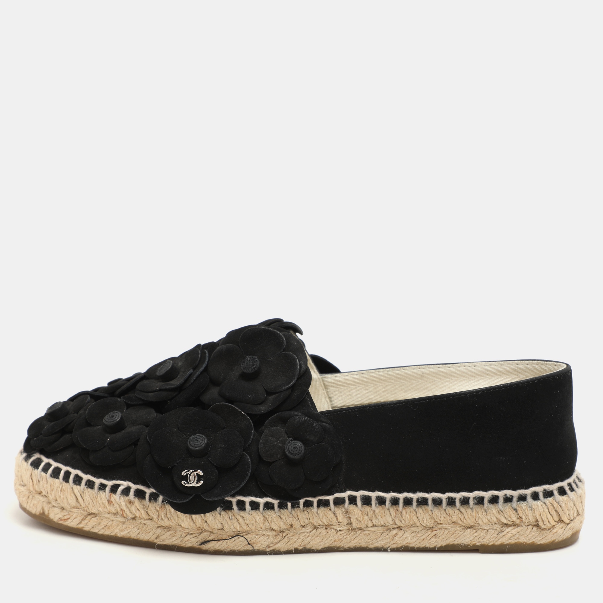 

Chanel Black Suede Camelia CC Espadrille Flats Size