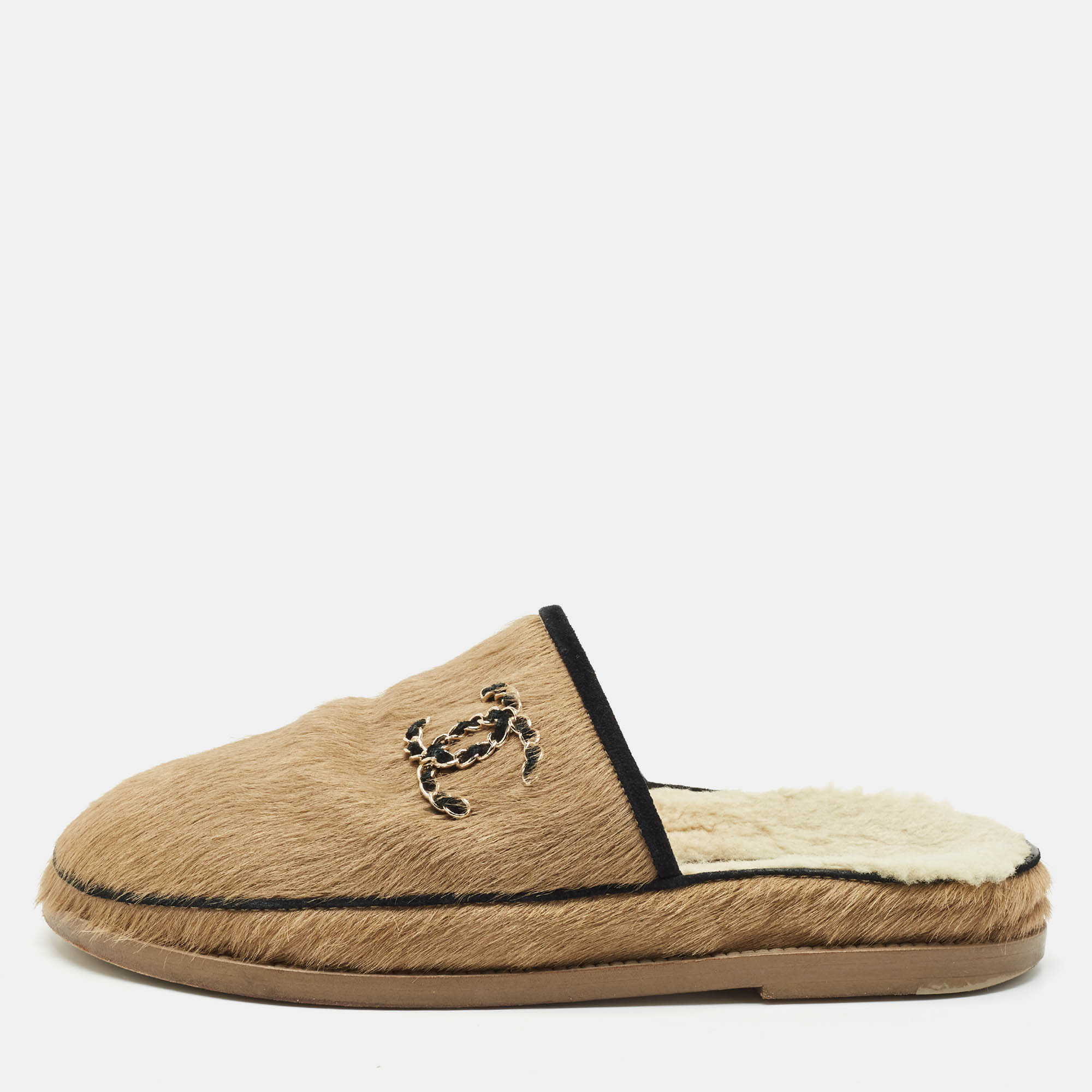 

Chanel Brown Calf Hair CC Flat Mules Size