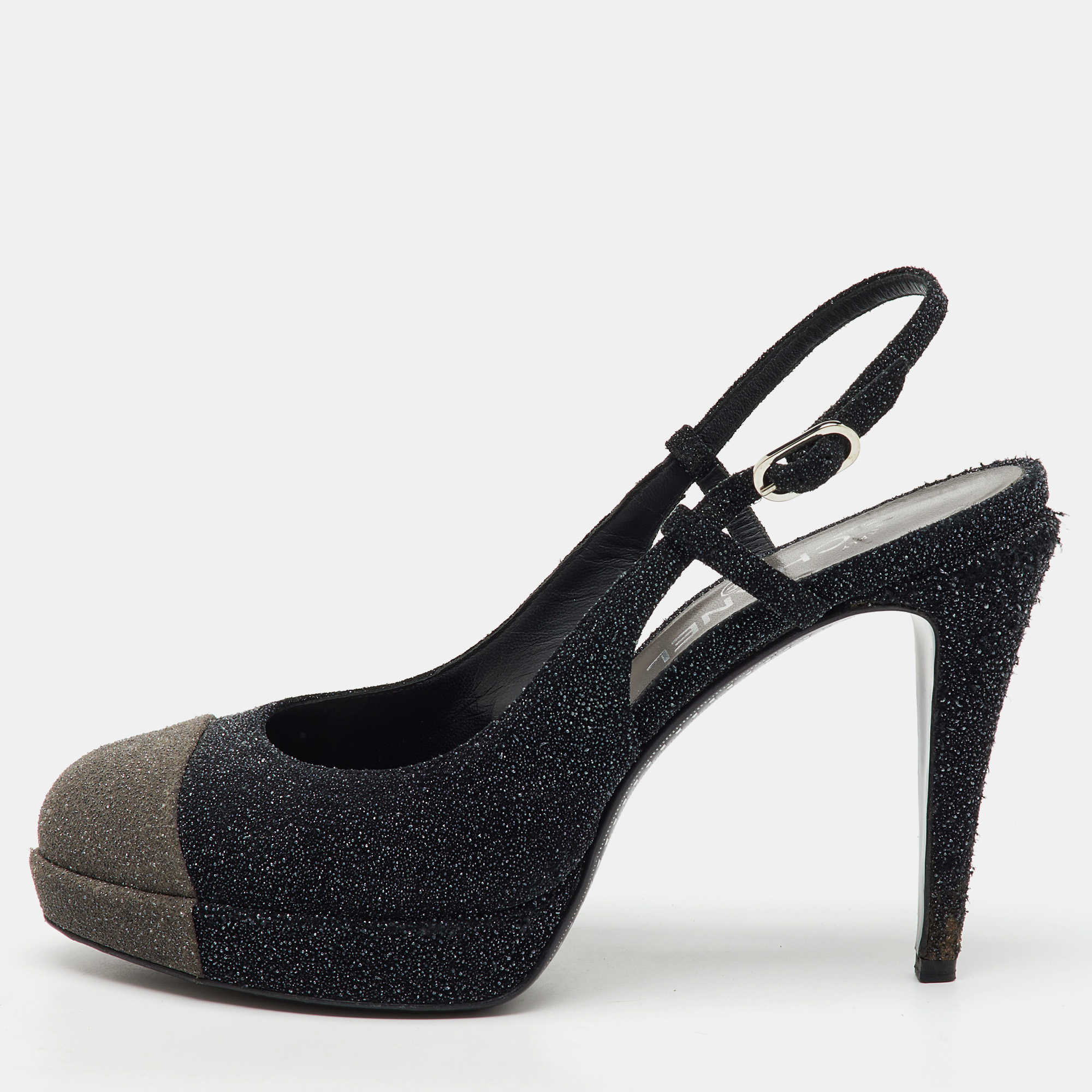 

Chanel Black/Grey Glitter CC Cap Toe Slingback Platform Pumps Size