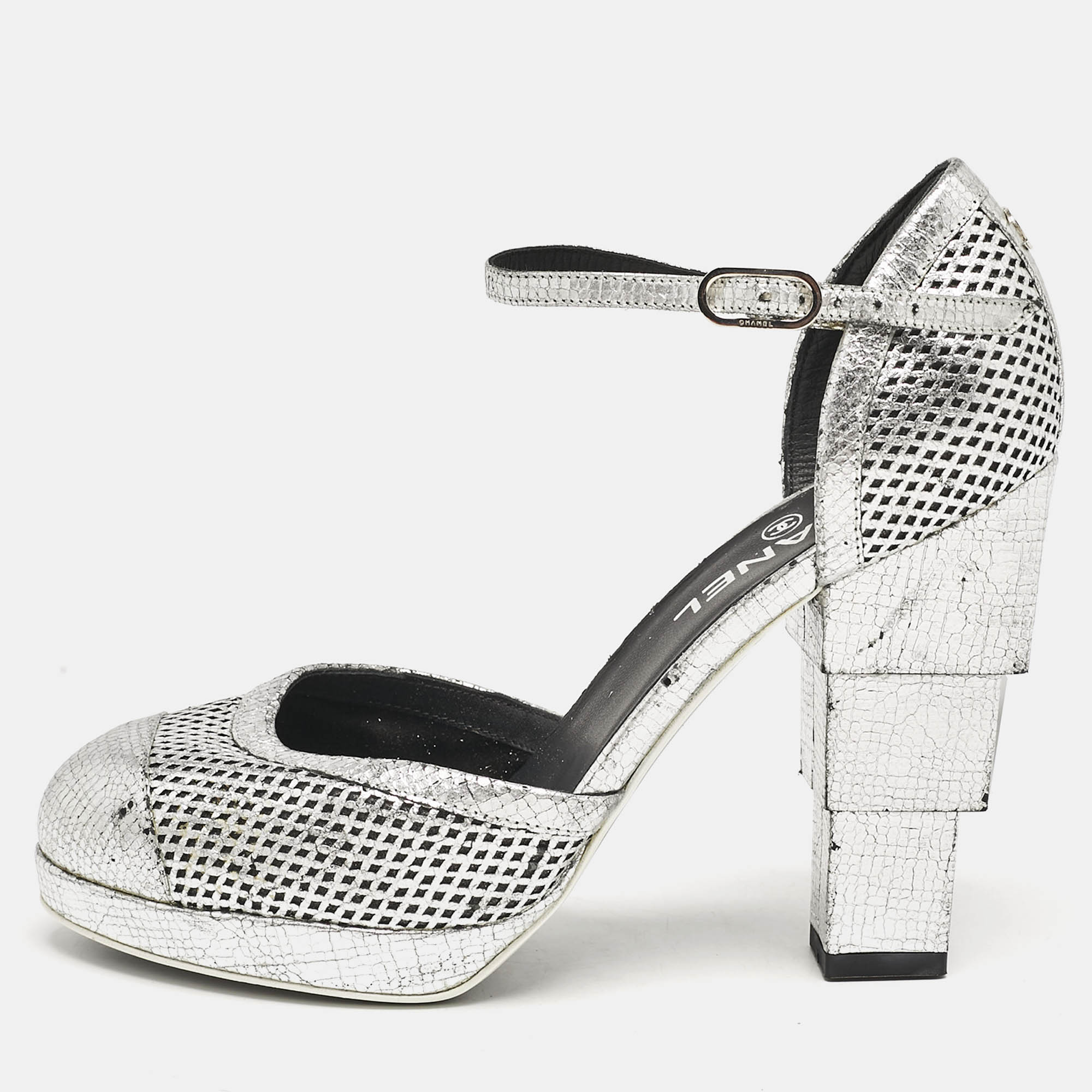 Pre-owned Chanel Silver Laser Cut Leather Cc Platform Ankle Strap Pumps Size 38.5