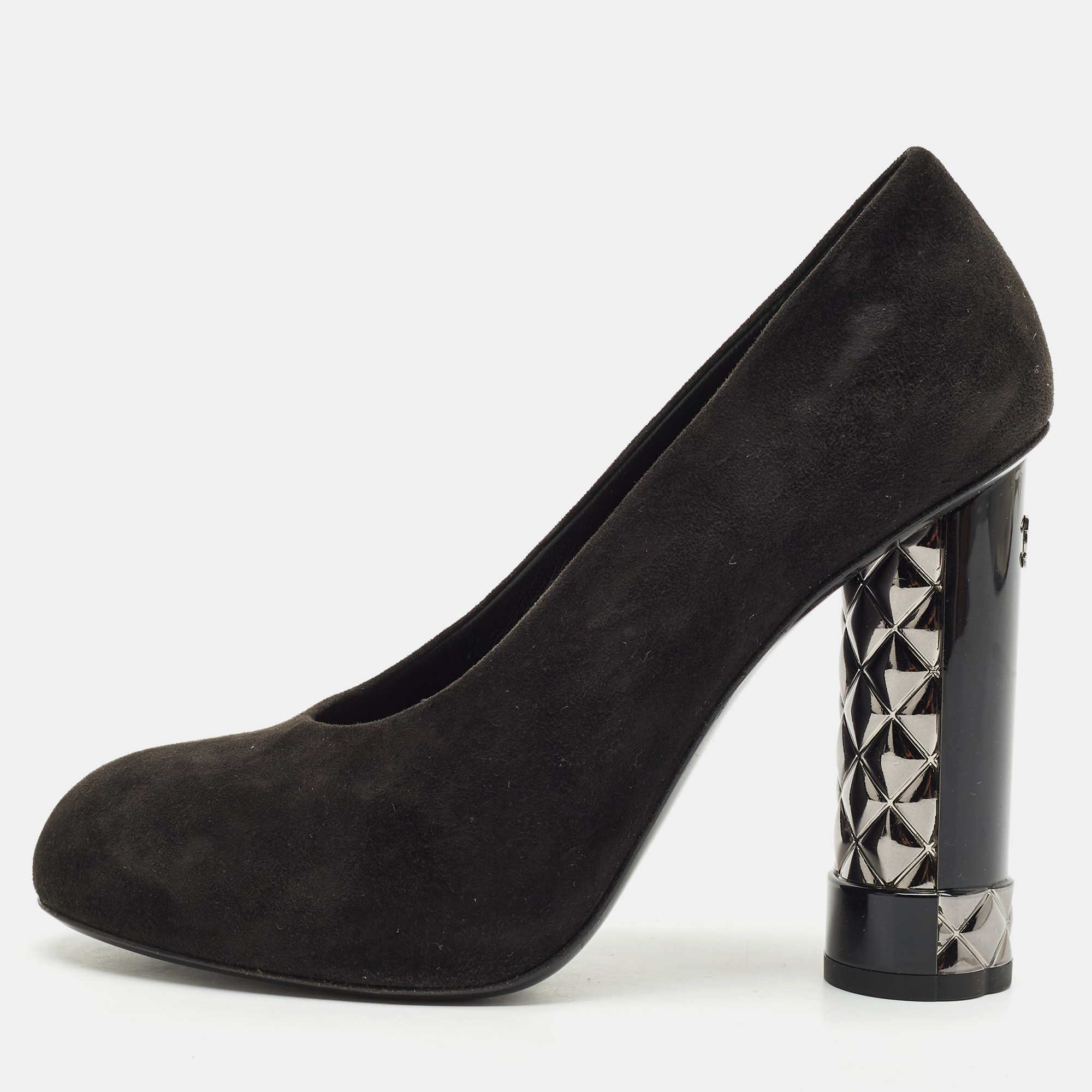 

Chanel Black Suede CC Block Heel Platform Pumps Size