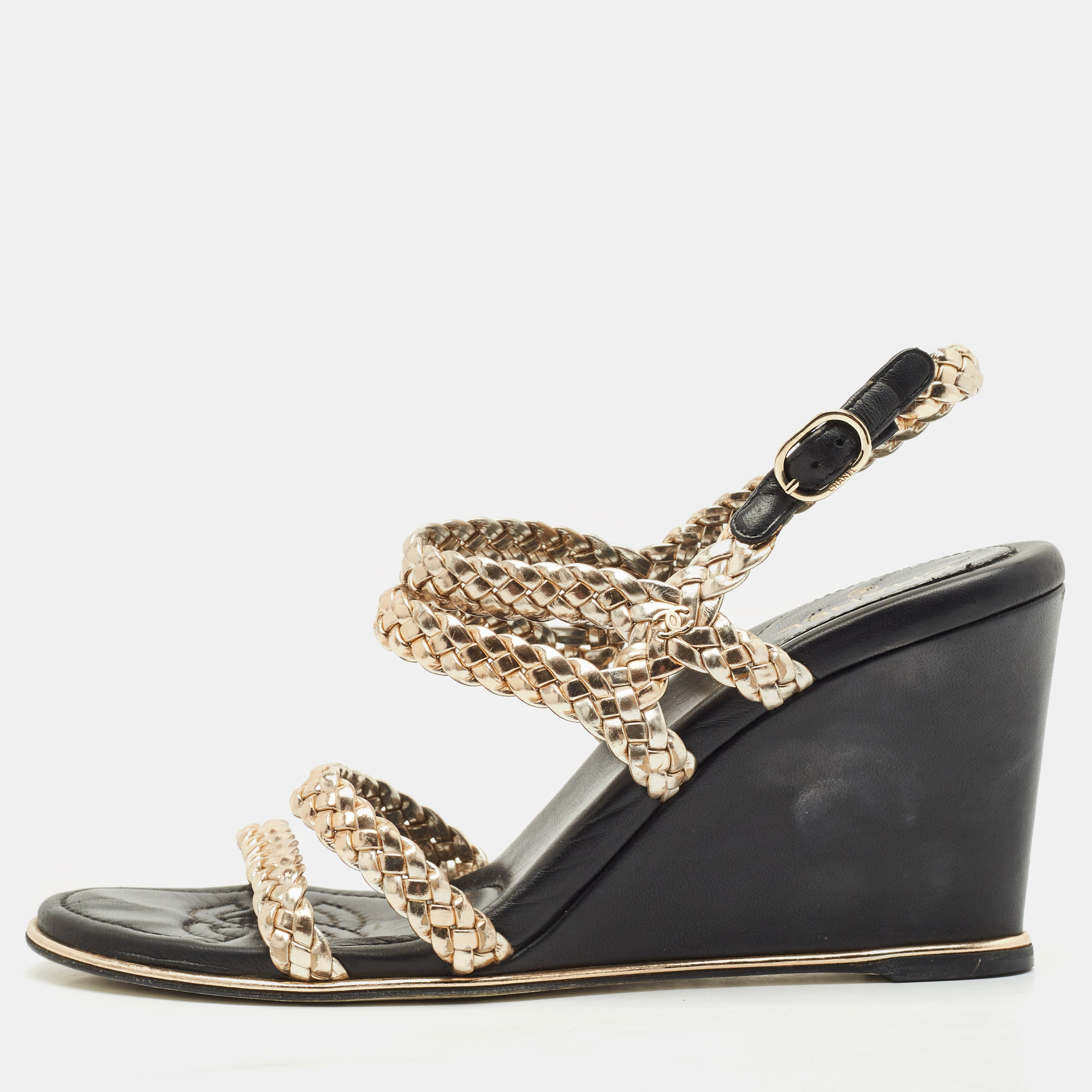 

Chanel Metallic Woven Leather Ankle Strap Wedge Sandals Size