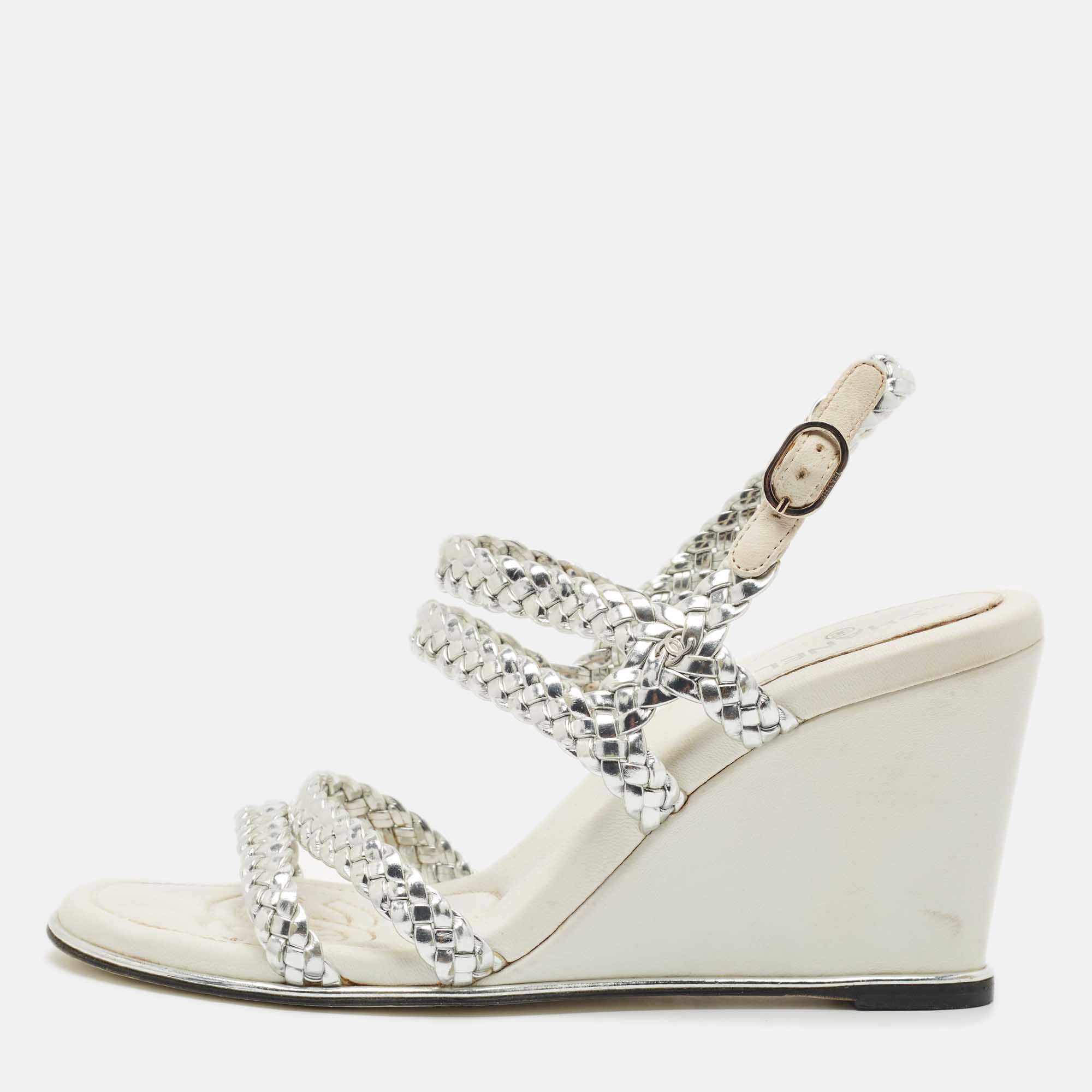 

Chanel Silver Woven Leather Ankle Strap Wedge Sandals Size