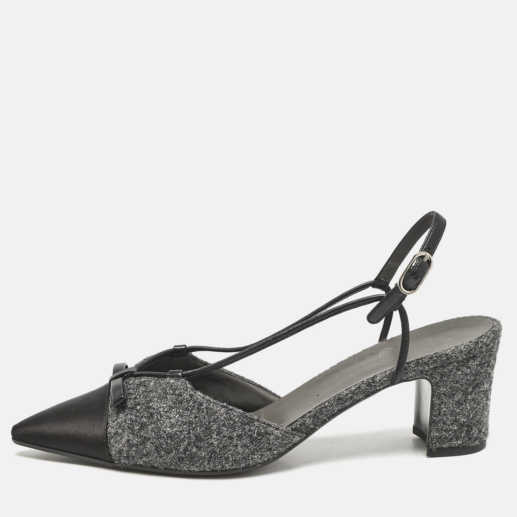 

Chanel Grey/Black Satin and Tweed Cap Toe Bow Slingback Pumps Size
