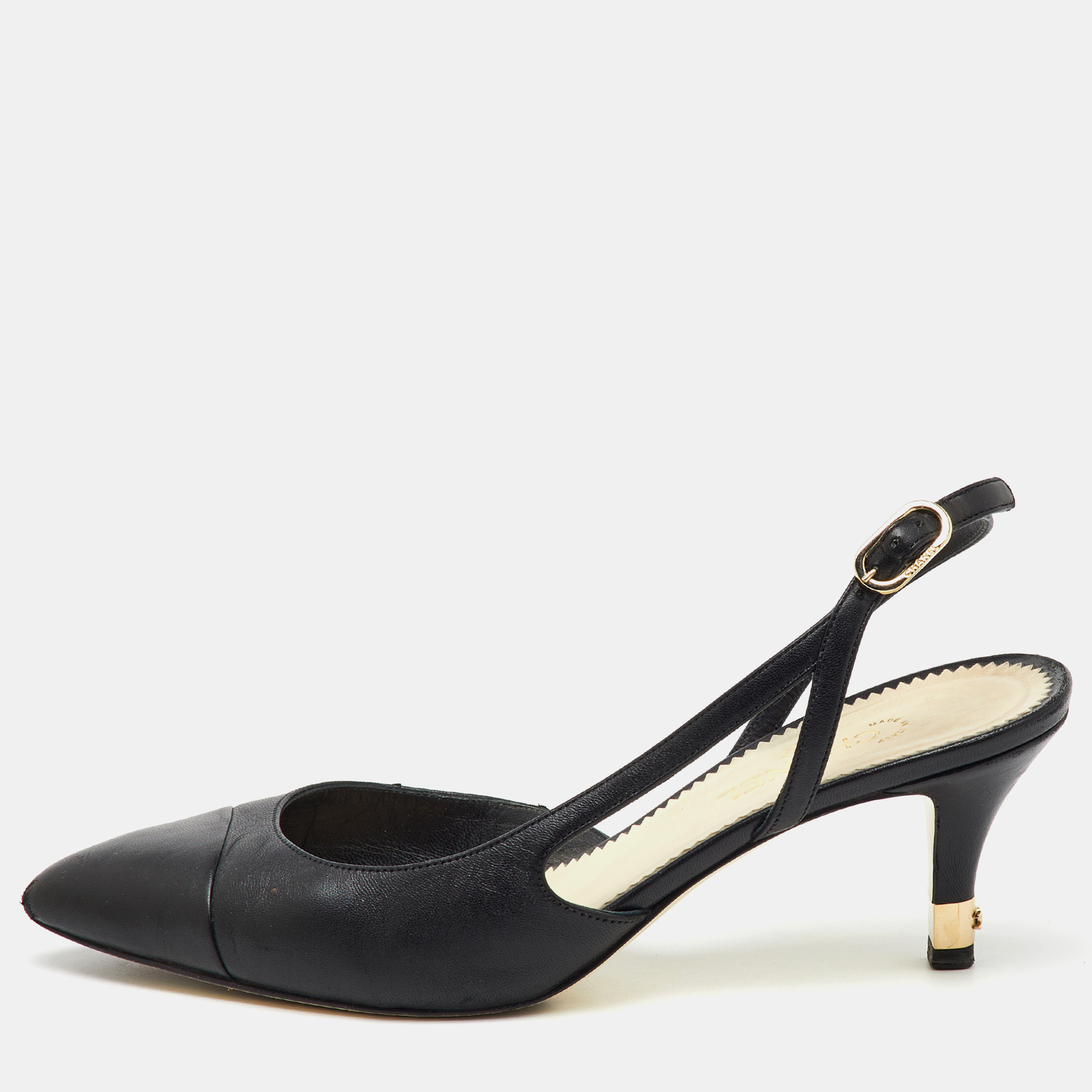 

Chanel Black Leather Pointed Toe CC Heel Slingback Pumps Size